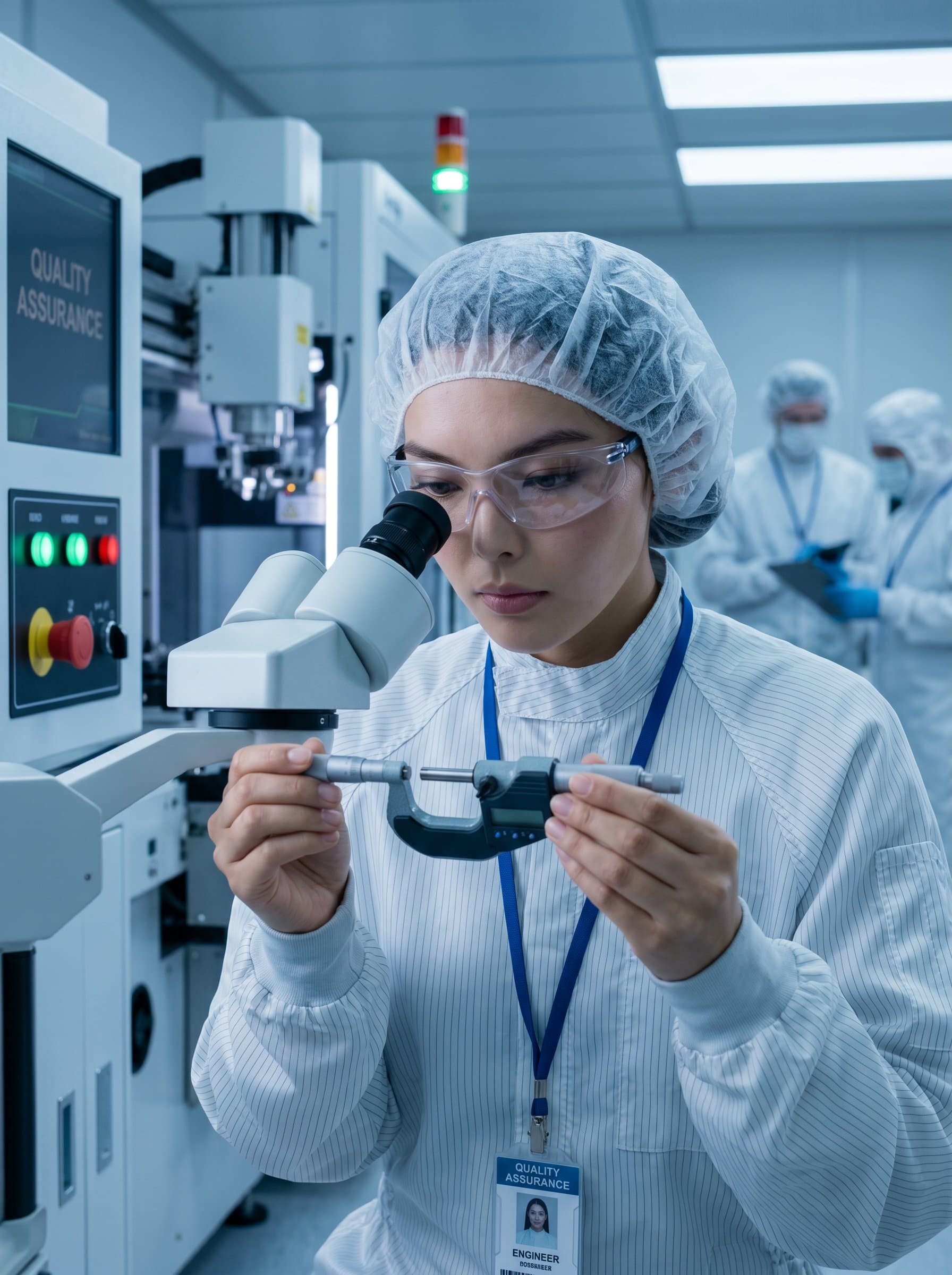 : Present an engineer in a cleanroom setting, with sophisticated machinery and precision tools. The headshot highlights dedication to high-tech manufacturing and quality assurance.