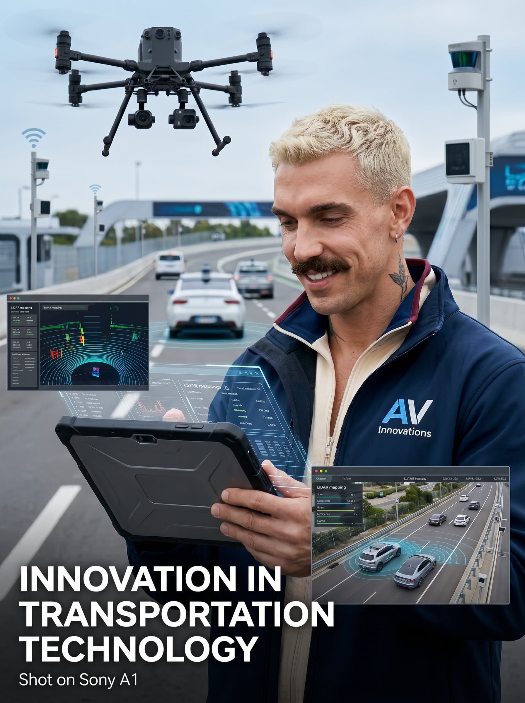 : Capture an engineer in an autonomous vehicle test track, with smart sensors and a drone camera view. The headshot suggests forward-thinking and innovation in transportation technology.