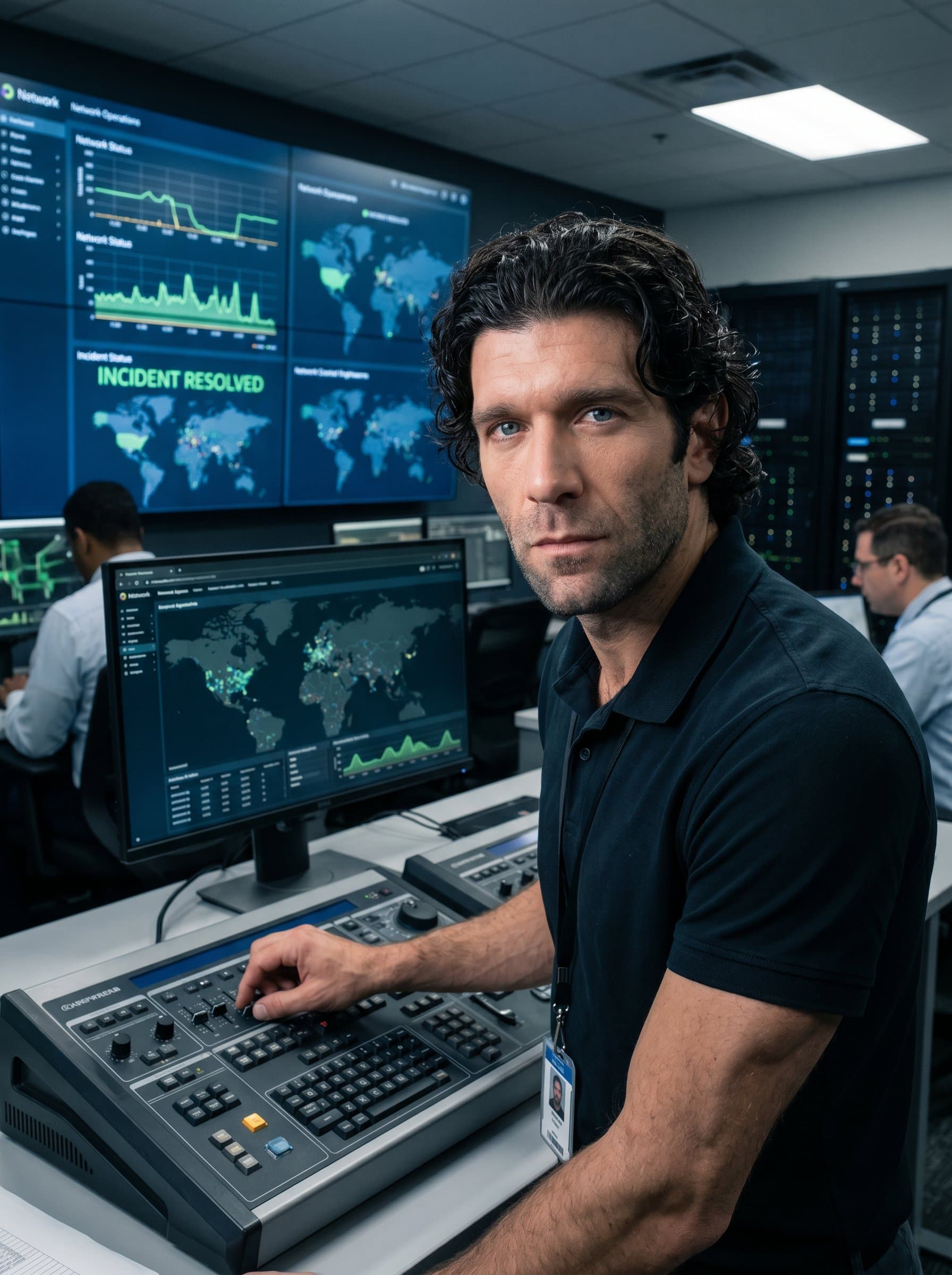 : Depict an engineer in a network operations center, with large data displays and control panels. The headshot showcases command over complex systems and real-time problem-solving.