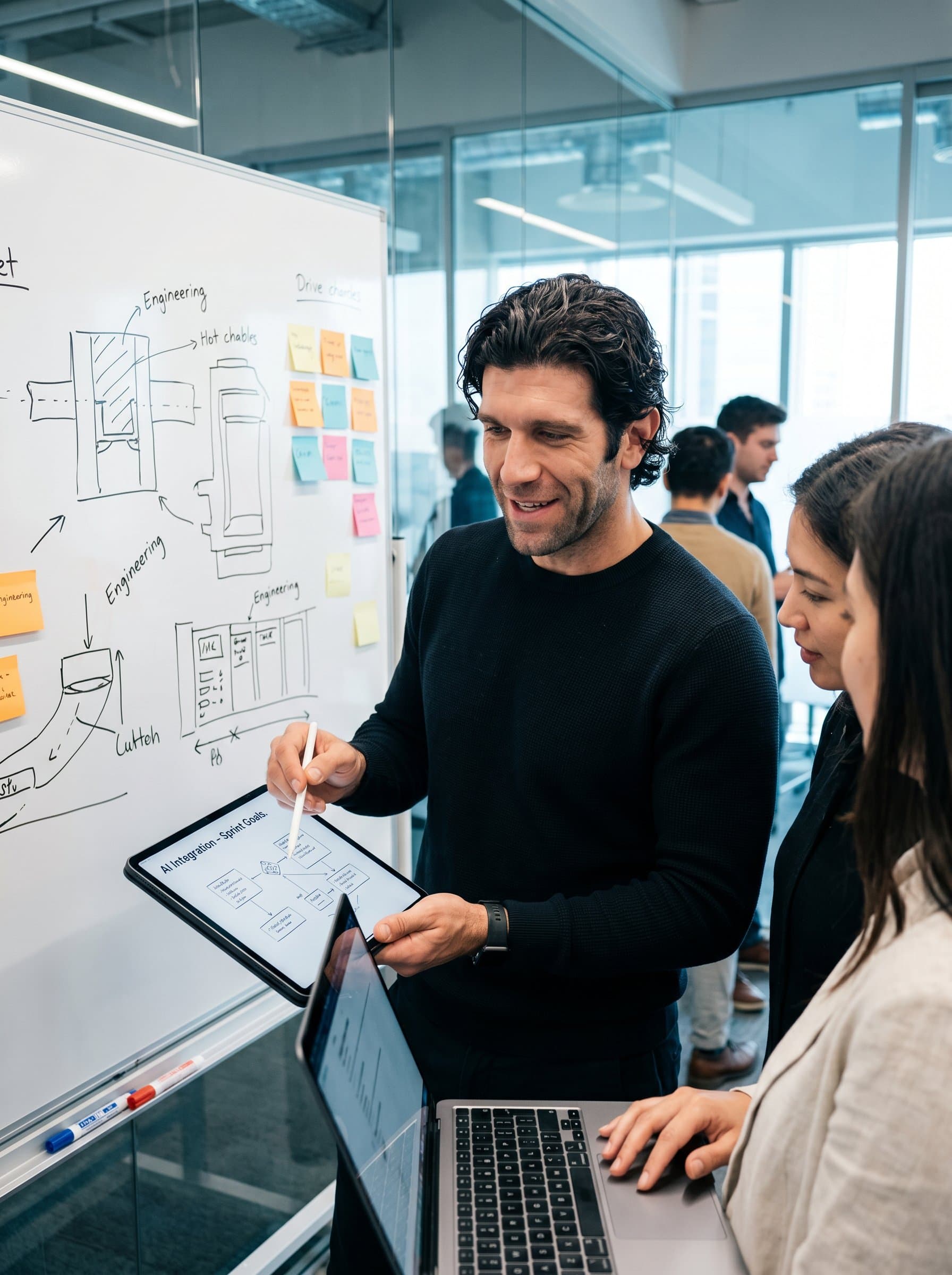 : Capture an engineer in a collaborative workspace with colleagues, digital tablets, and brainstorming materials. The headshot emphasizes teamwork and forward-thinking in a tech-driven setting.