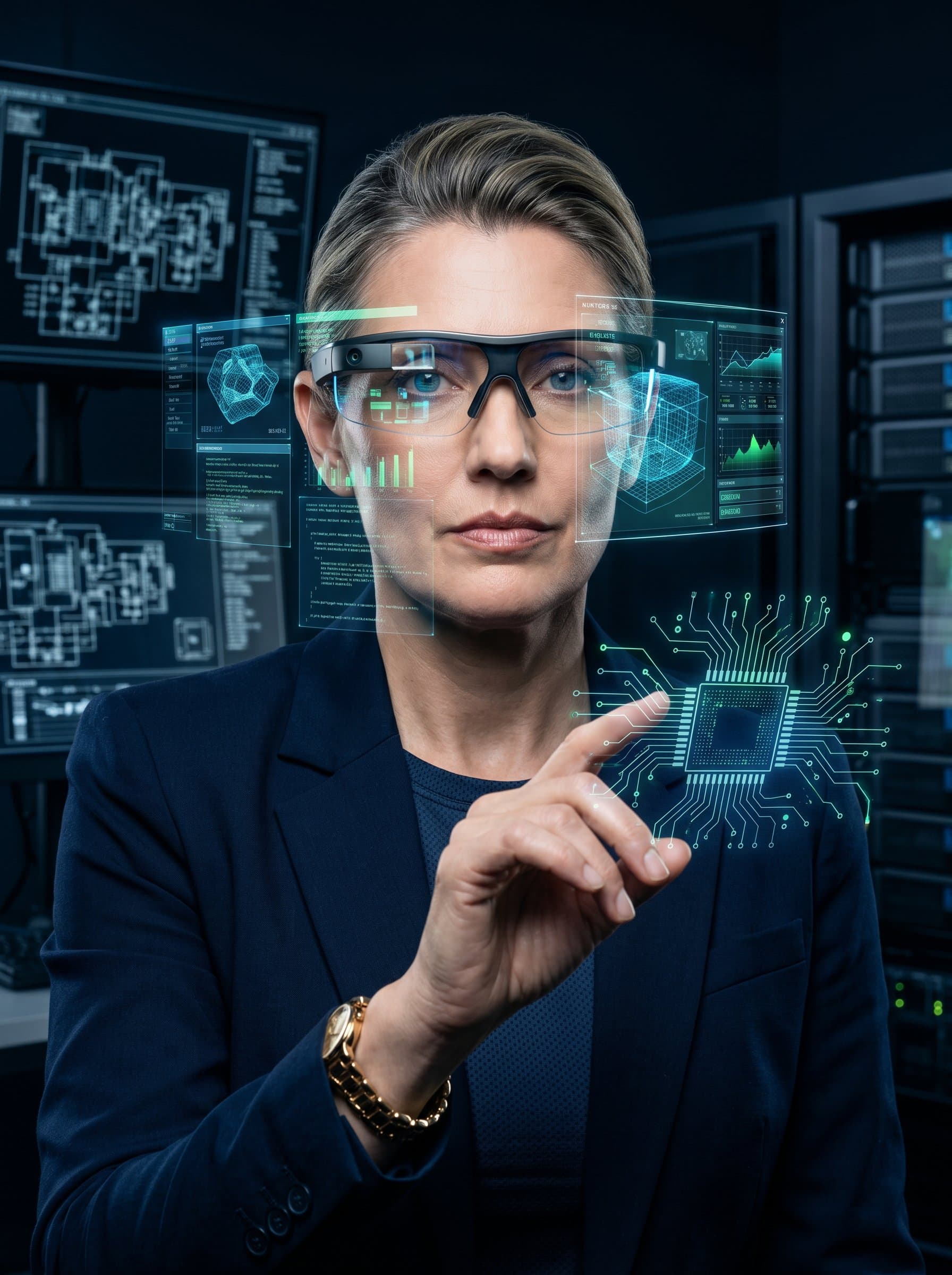 : Show an engineer in a virtual reality lab, wearing augmented reality glasses. The headshot emphasizes cutting-edge technology and immersive environments with a focus on digital elements.