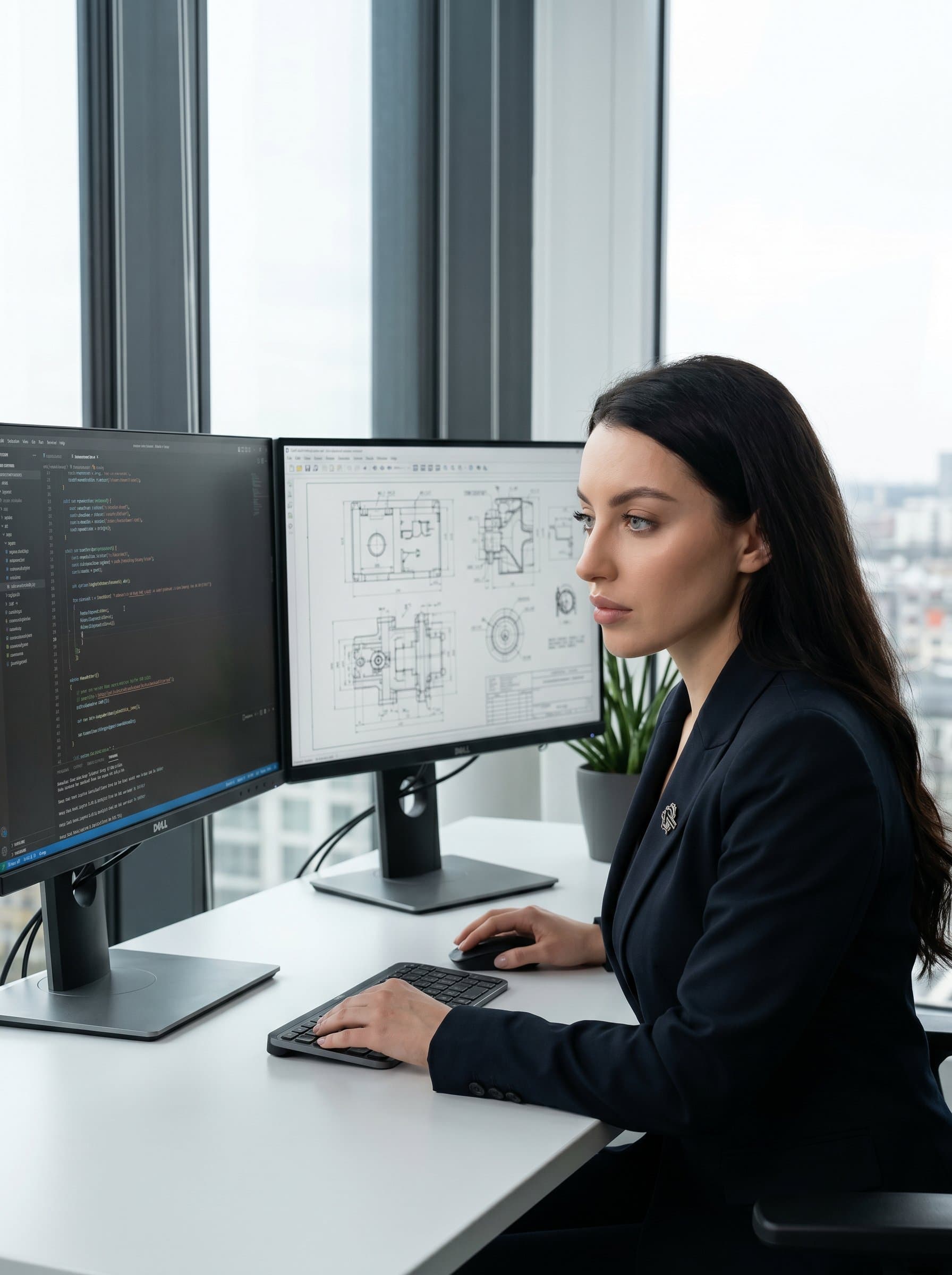 : Capture an engineer in a minimalist workspace, featuring dual monitors with code and schematics. The headshot conveys focus and precision with clean lines and minimalistic decor.