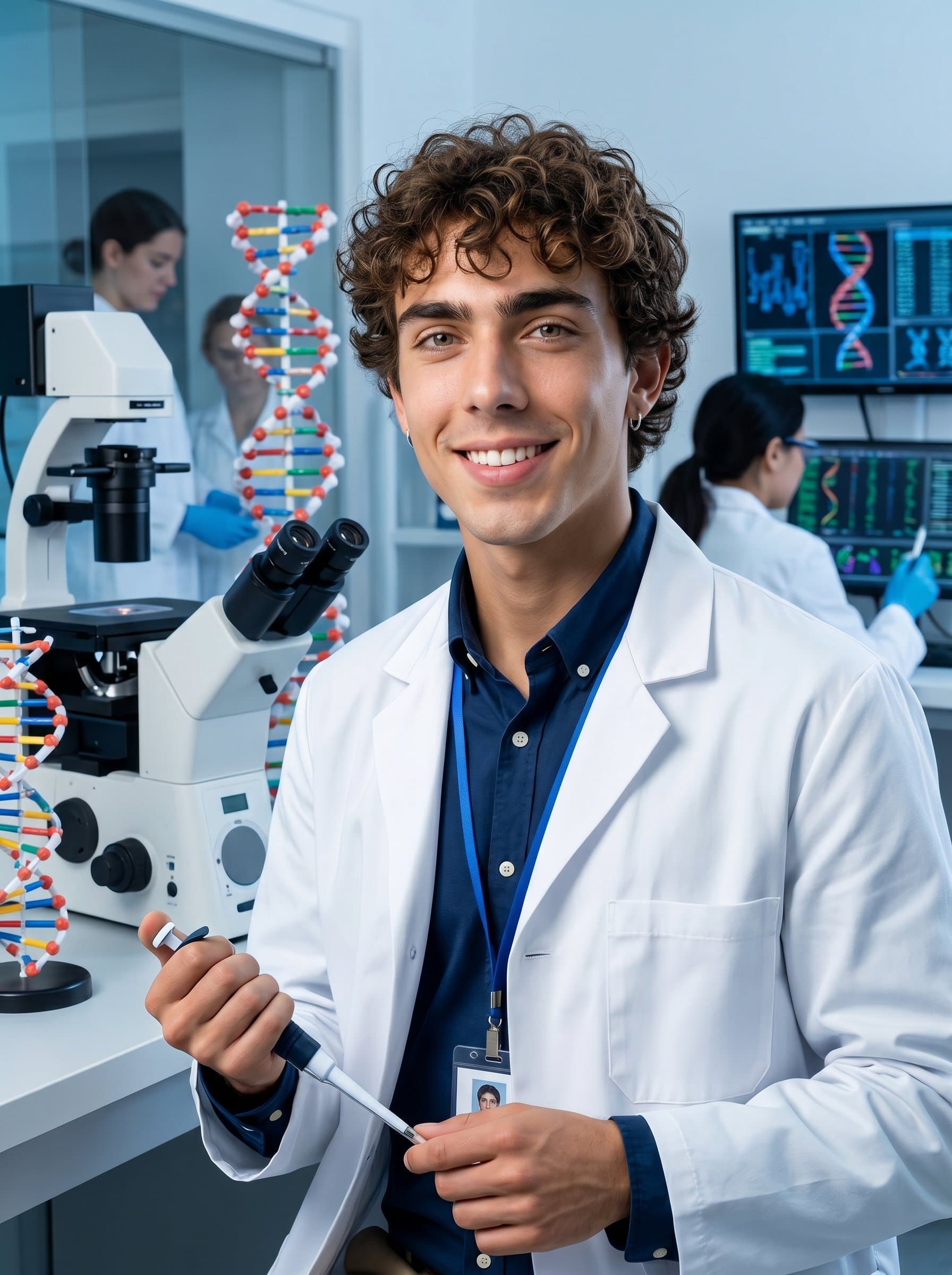 : Depict an engineer in a biotech lab, with DNA models and high-end microscopes. The headshot communicates multidisciplinary expertise and future-oriented research.