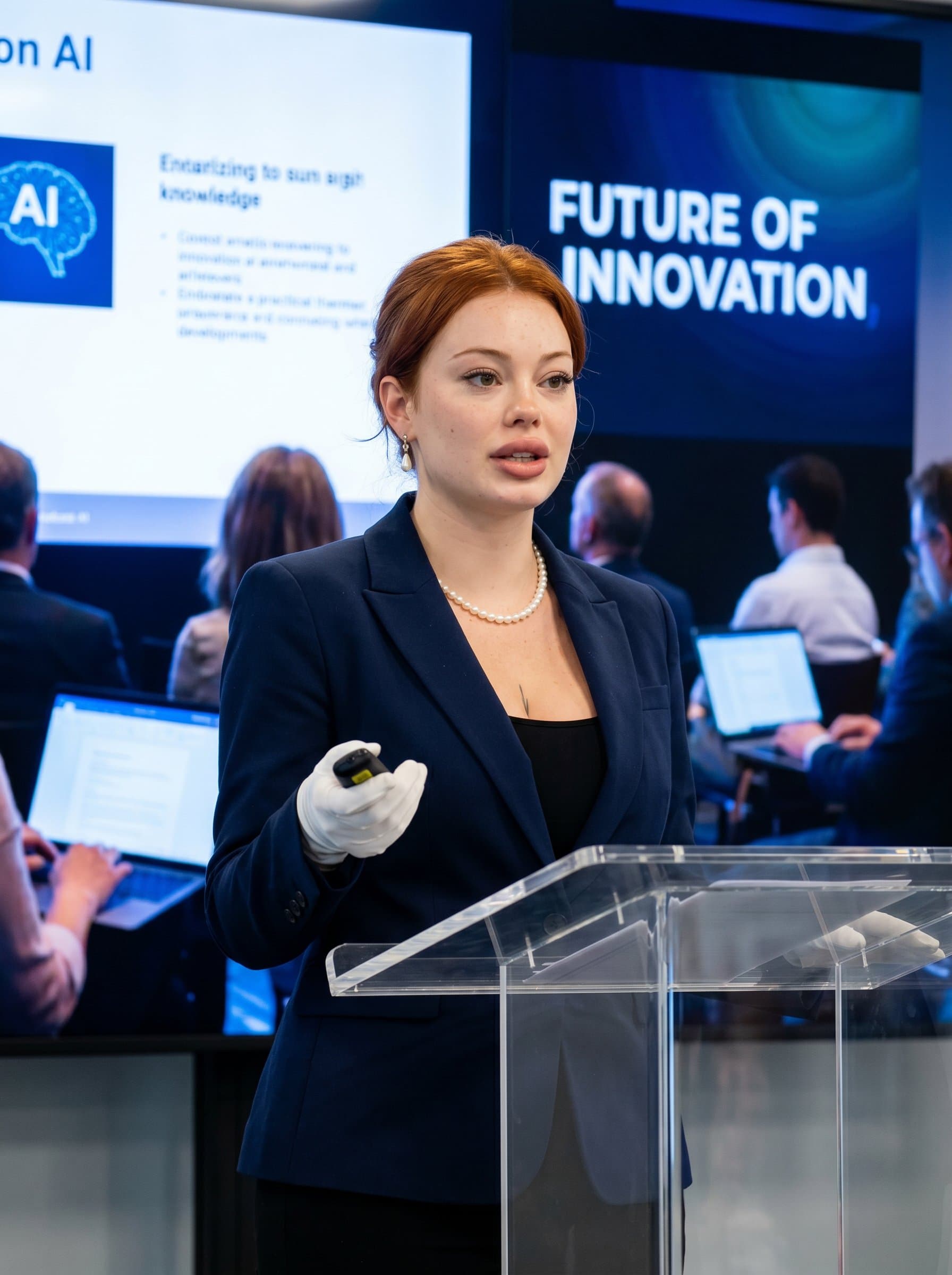 : Present an engineer at a tech symposium podium, with audience reflections and presentation slides. The headshot conveys authority and thought leadership in the tech community.