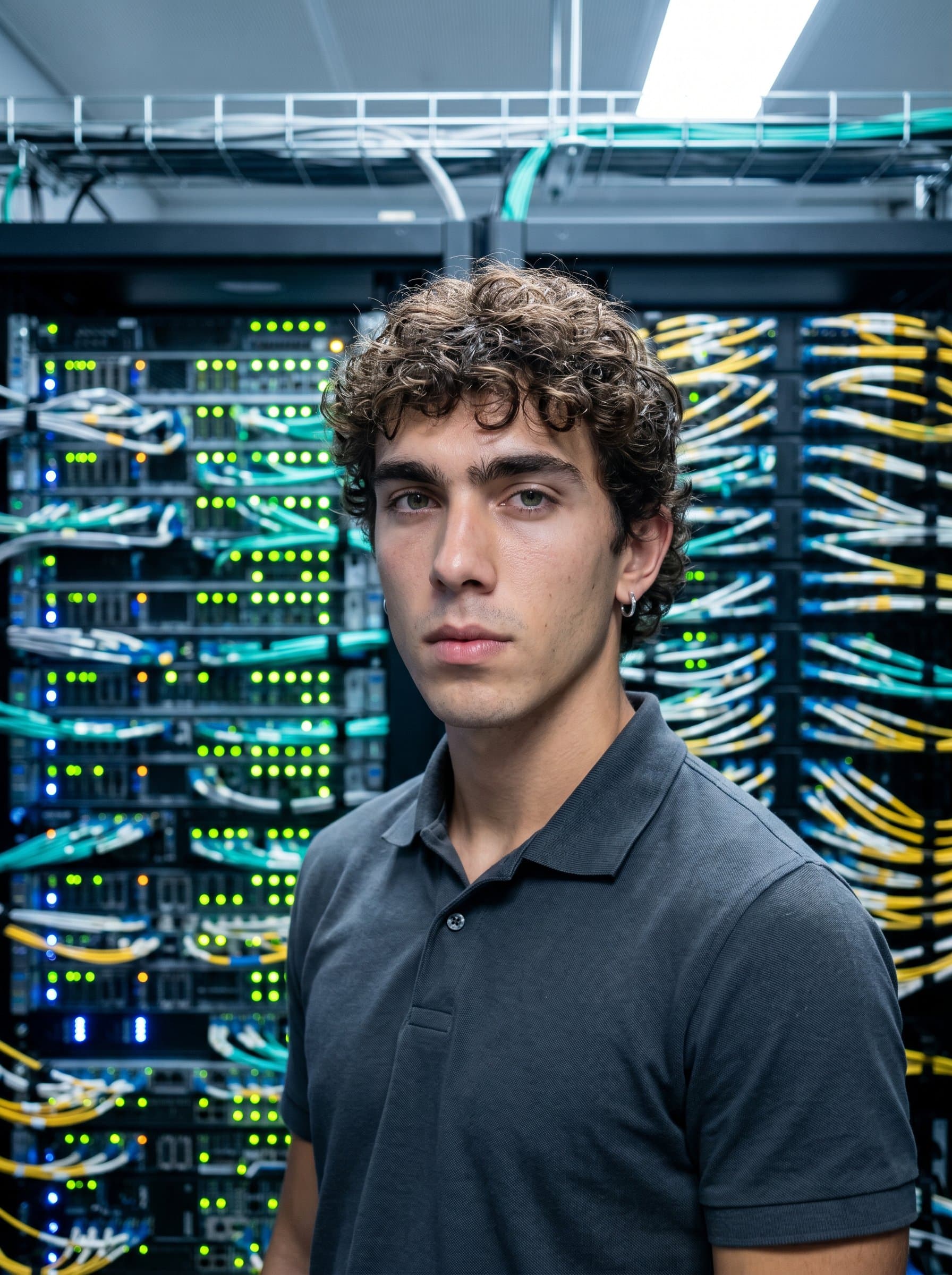 : Show an engineer against a high-tech server room, with rows of blinking servers and fiber optic cables. The headshot underscores technical expertise and modern infrastructure.