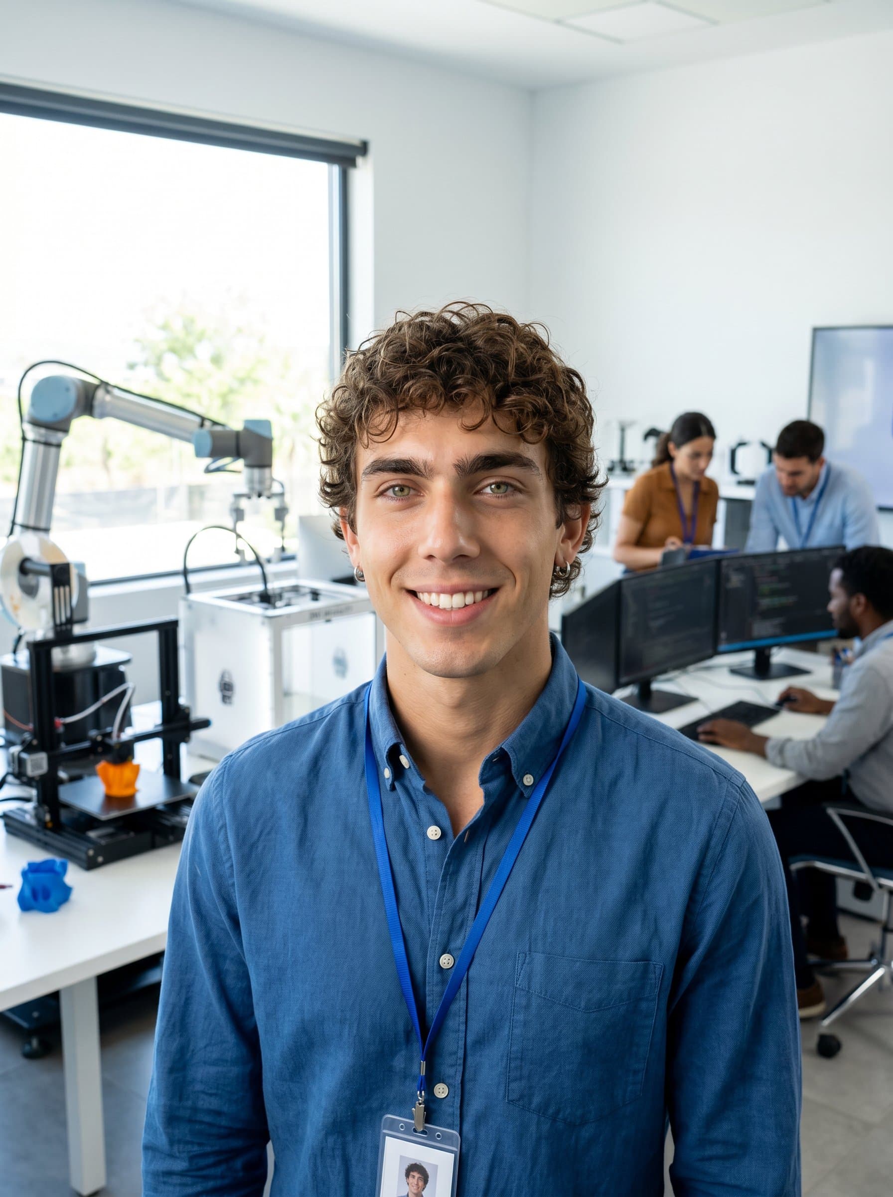 : Present a confident engineer in an open-plan tech office, with robotic arms and 3D printers visible. The headshot conveys expertise and a futuristic vibe with natural lighting enhancing the scene.