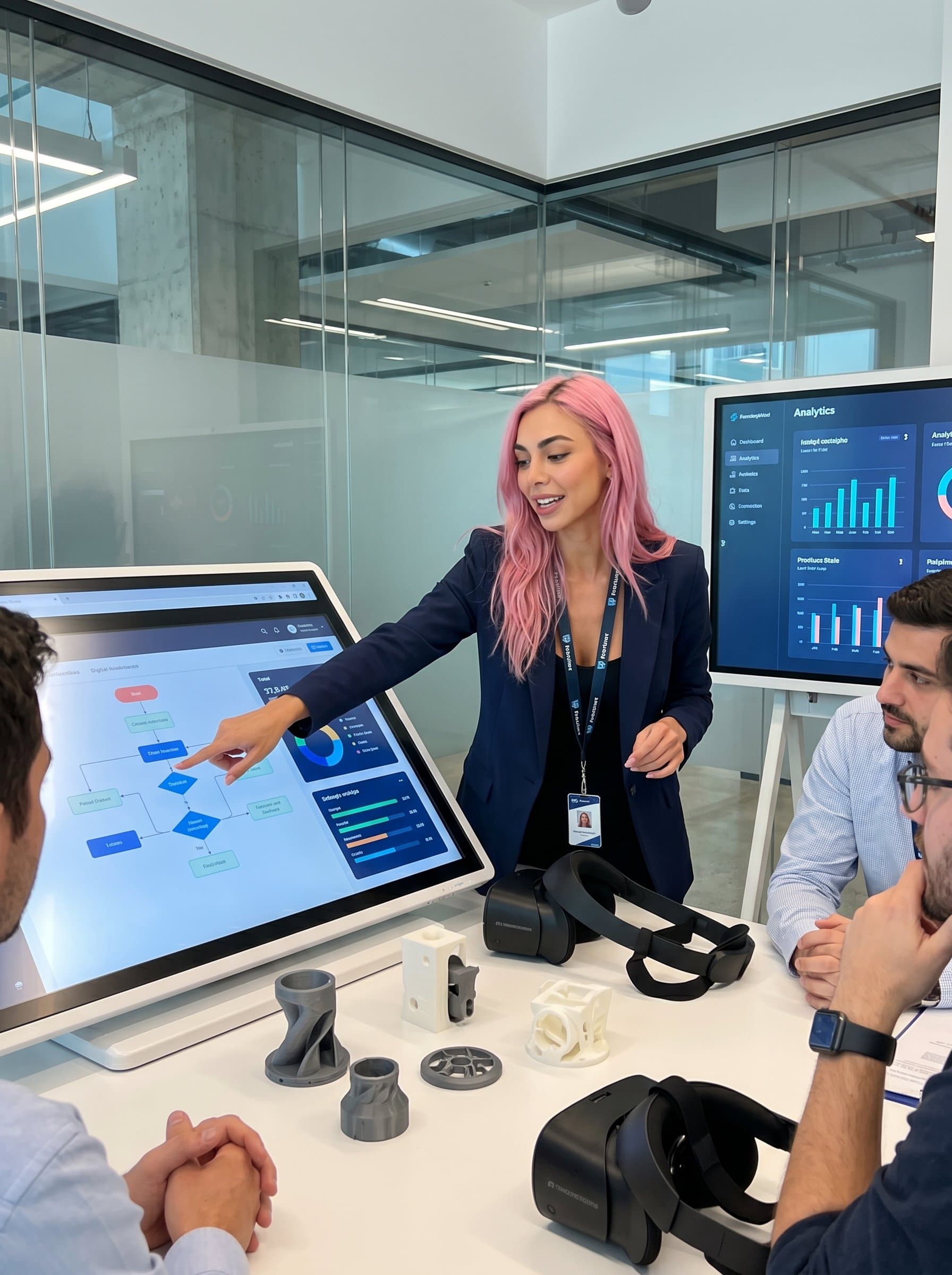 : Show an engineer engaged in a digital transformation workshop, with interactive screens and tech models. The headshot portrays adaptability and leadership in evolving tech landscapes.