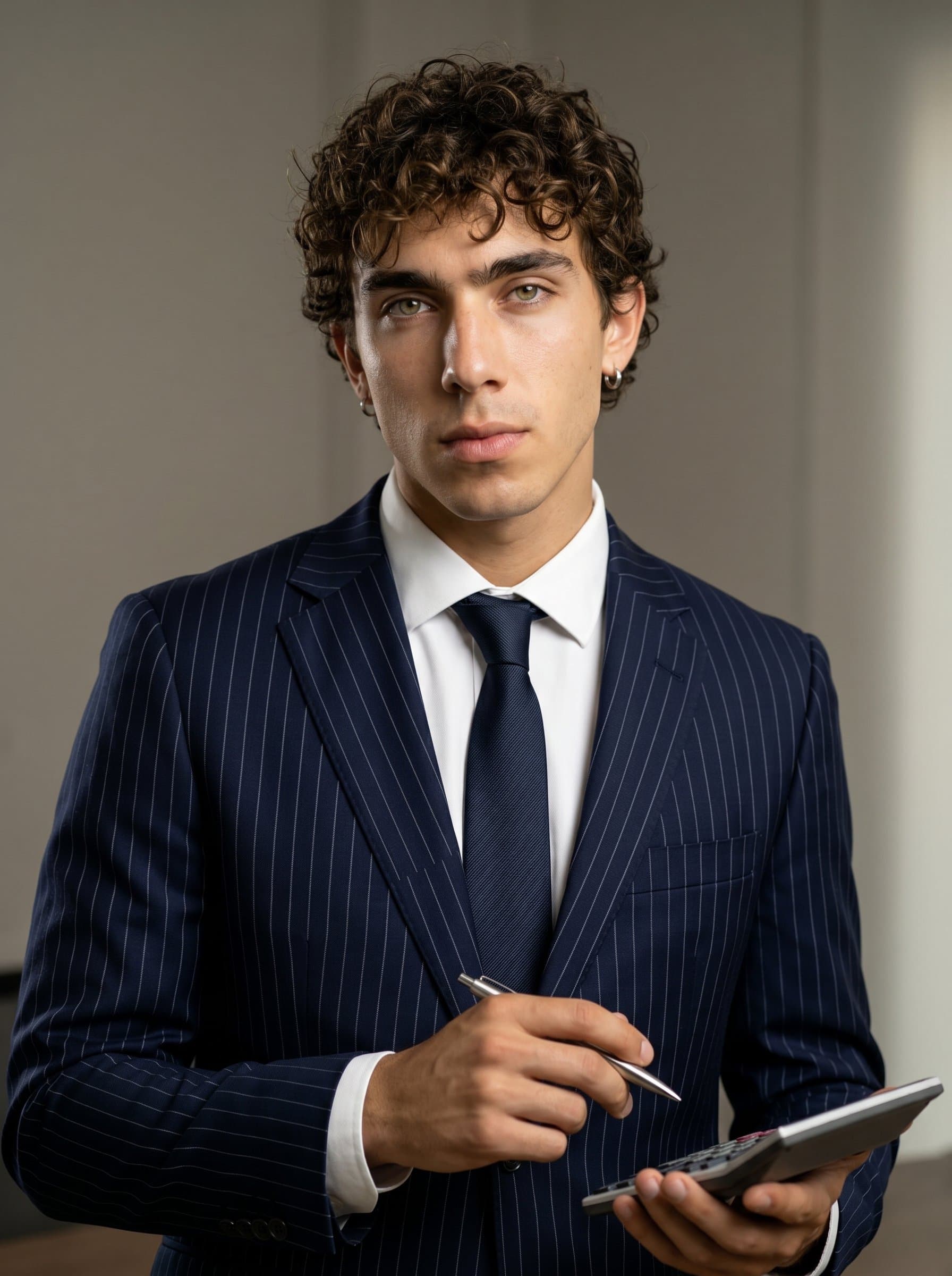 donning a classic pinstripe suit, holding a pen and calculator. Neutral background with even lighting, showcasing the ’s strategic thinking, creating an impression of financial authority.