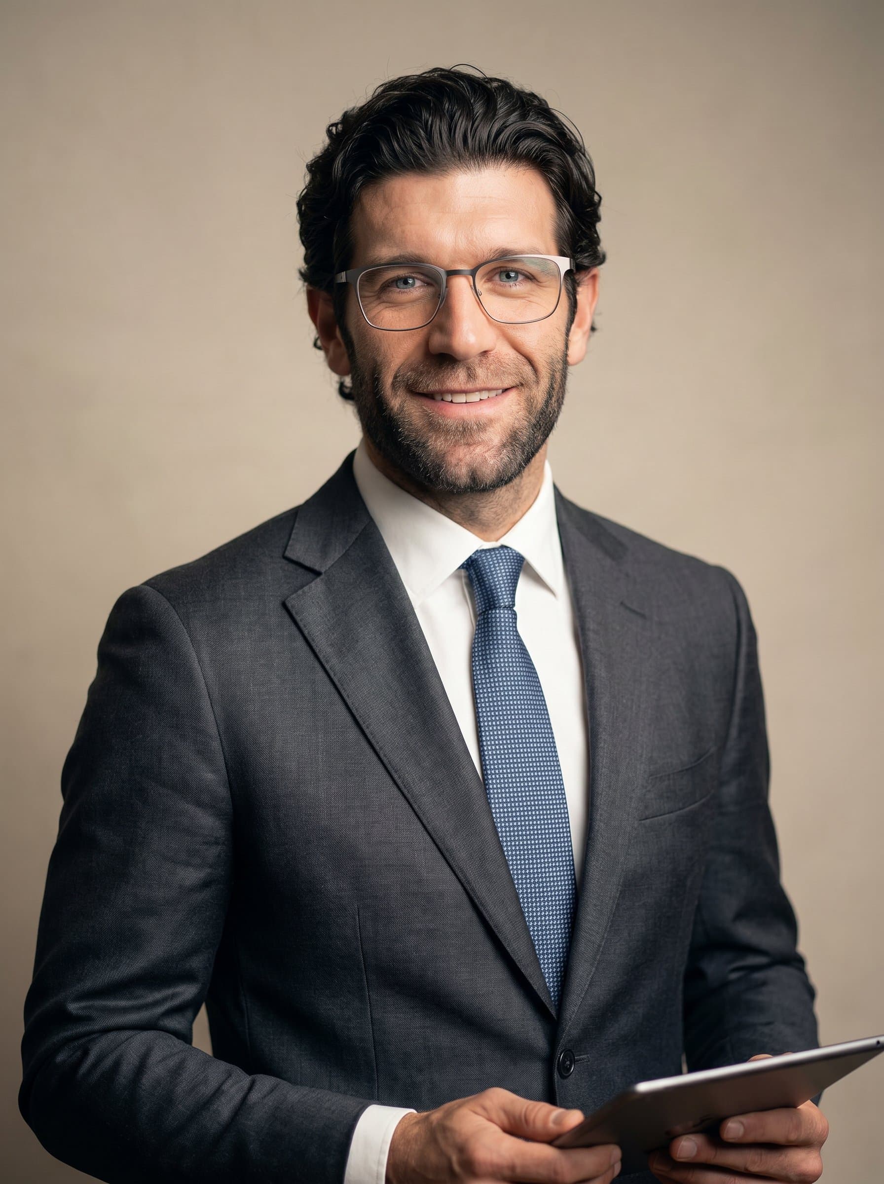wearing sleek glasses and a tailored suit, standing with a slight smile. Neutral beige backdrop with soft lighting, emphasizing a warm demeanor, ideal for representing financial expertise and approachability.