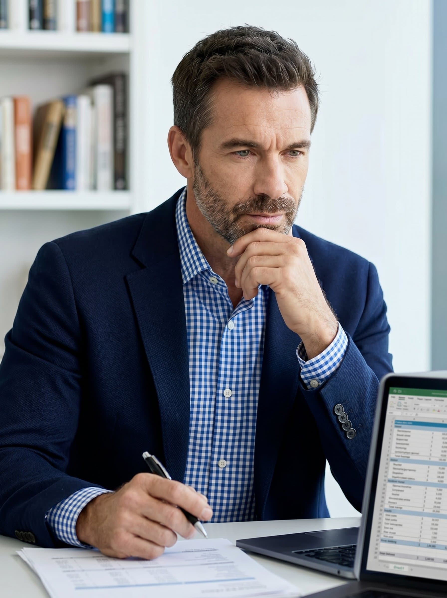 in a checkered dress shirt and dark blazer, seated with a thoughtful pose. Neutral background with clear lighting, reflecting a strategic mindset, ready to tackle complex accounting challenges.