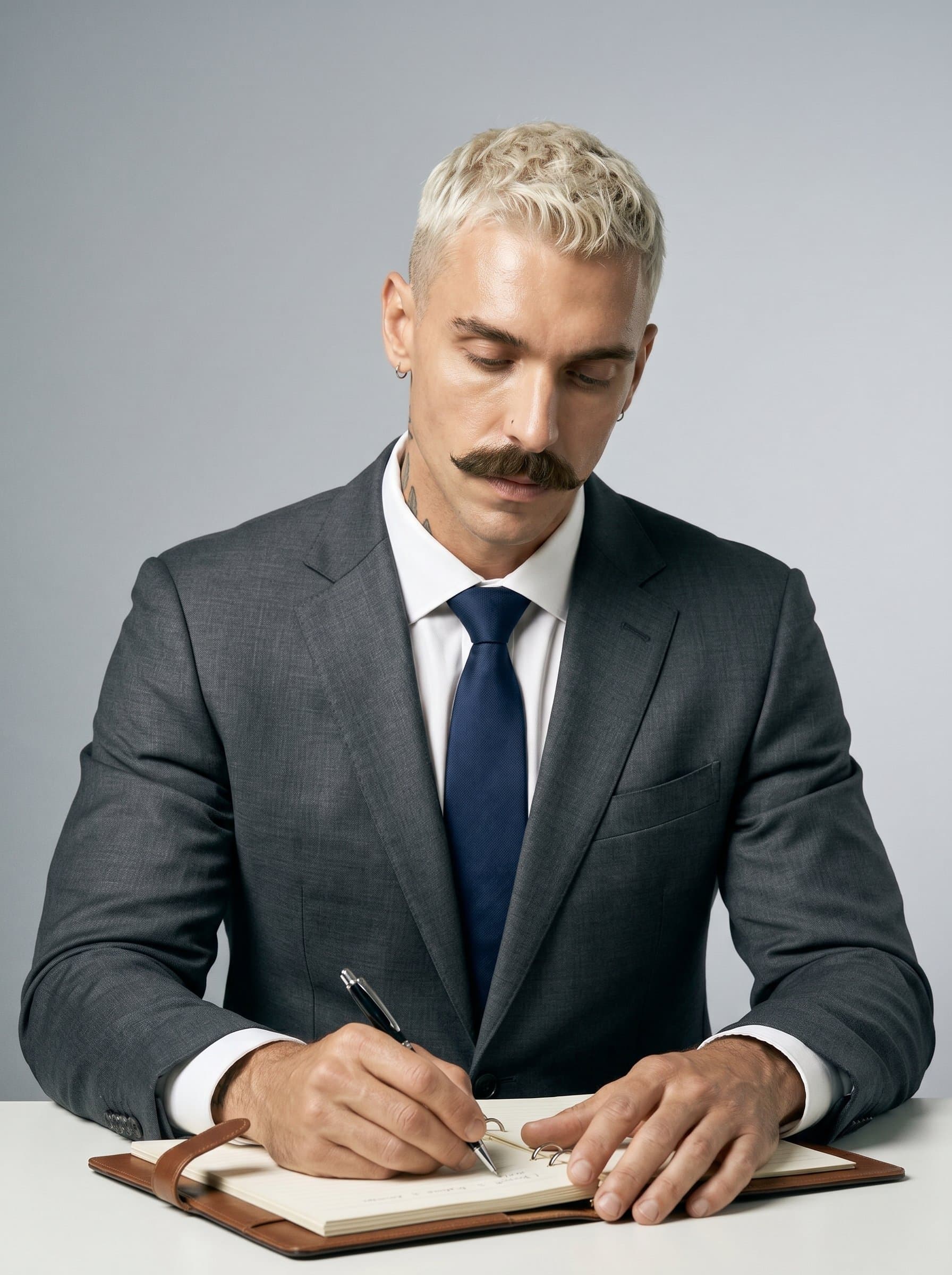 in a charcoal grey business suit, seated with a notepad, emphasizing focus. Neutral background with balanced lighting to highlight the 's analytical demeanor, suggesting attentiveness and accuracy.