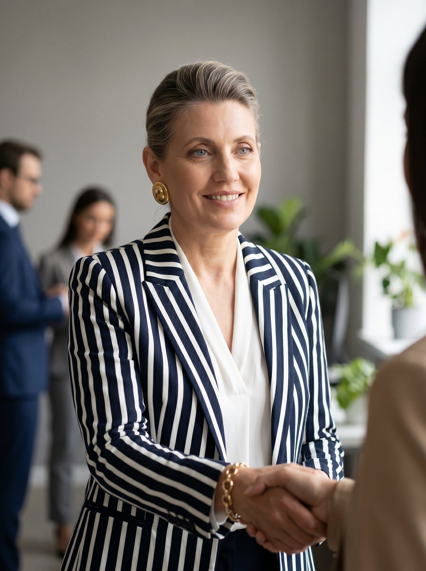dressed in a striped blazer, smiling gently, suggesting a welcoming nature. Neutral background with soft lighting, highlighting the βs commitment to detail and client engagement.
