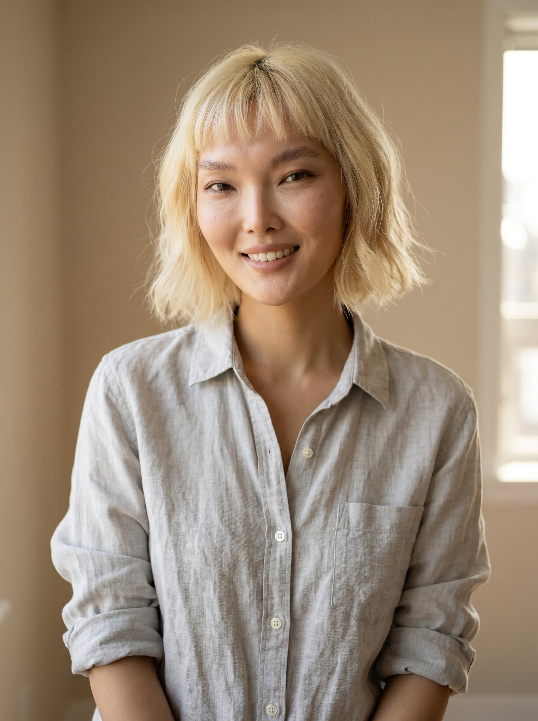 with sleeves rolled up, wearing a light grey shirt, exuding approachability. Neutral beige background with natural lighting casting a friendly atmosphere, projecting a readiness to engage and collaborate.