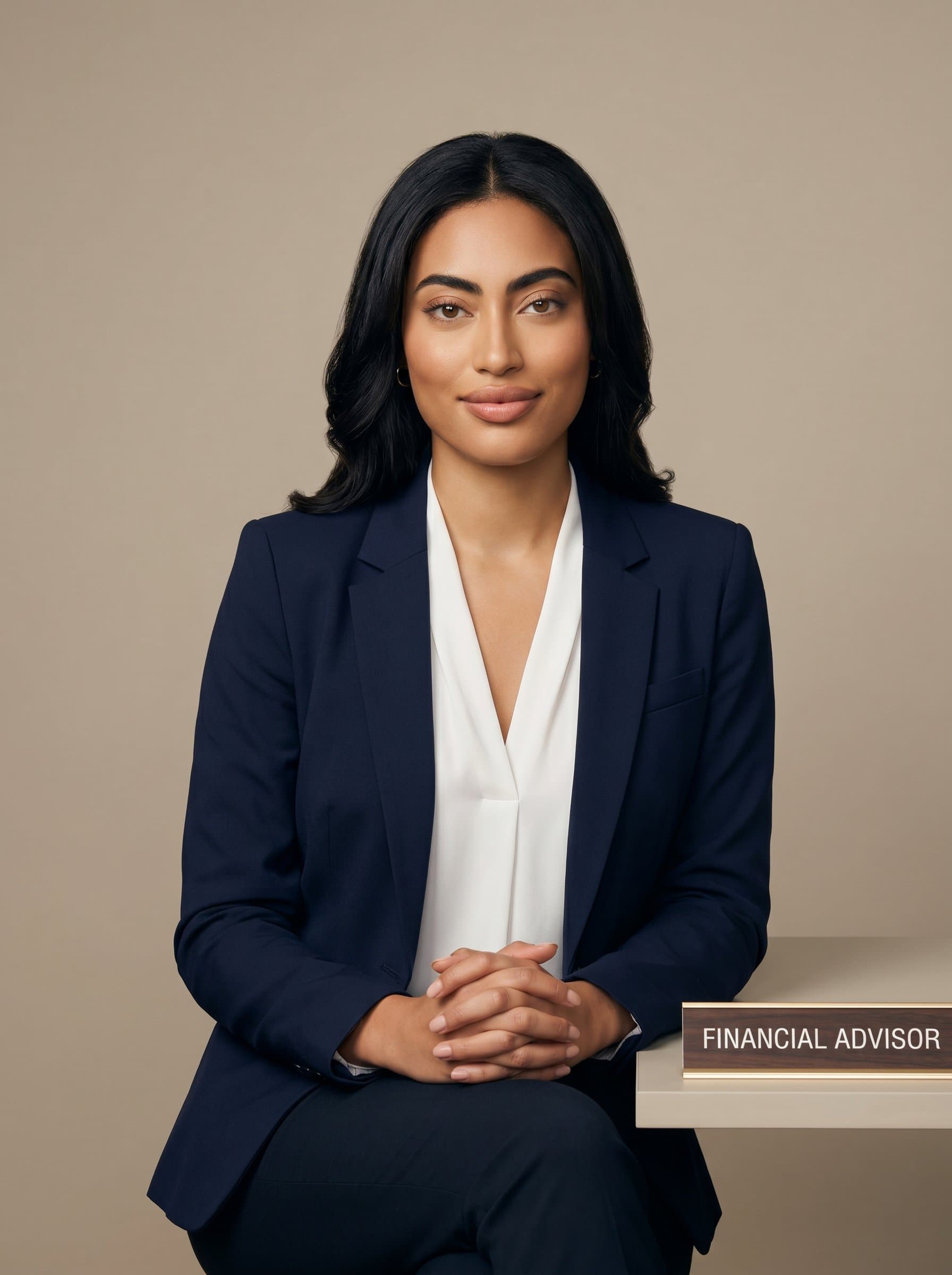 An inviting in business attire, sitting with hands clasped. Neutral beige backdrop with balanced lighting, expressing openness and a keen understanding of fiscal responsibilities.