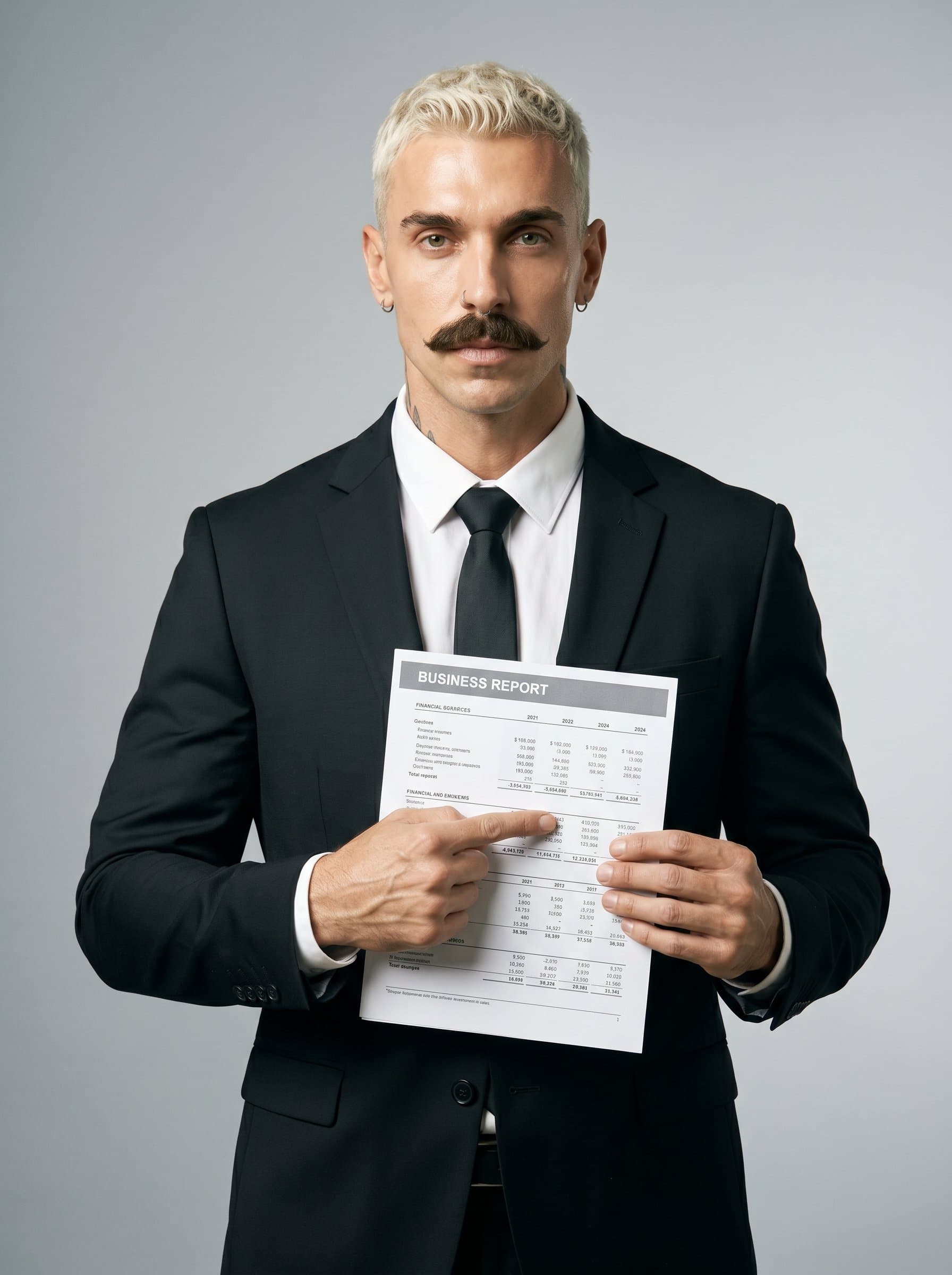 wearing a sleek black suit, holding a business report, exemplifying clarity. Neutral grey background with bright lighting, projecting trust and keen insight into financial analytics.