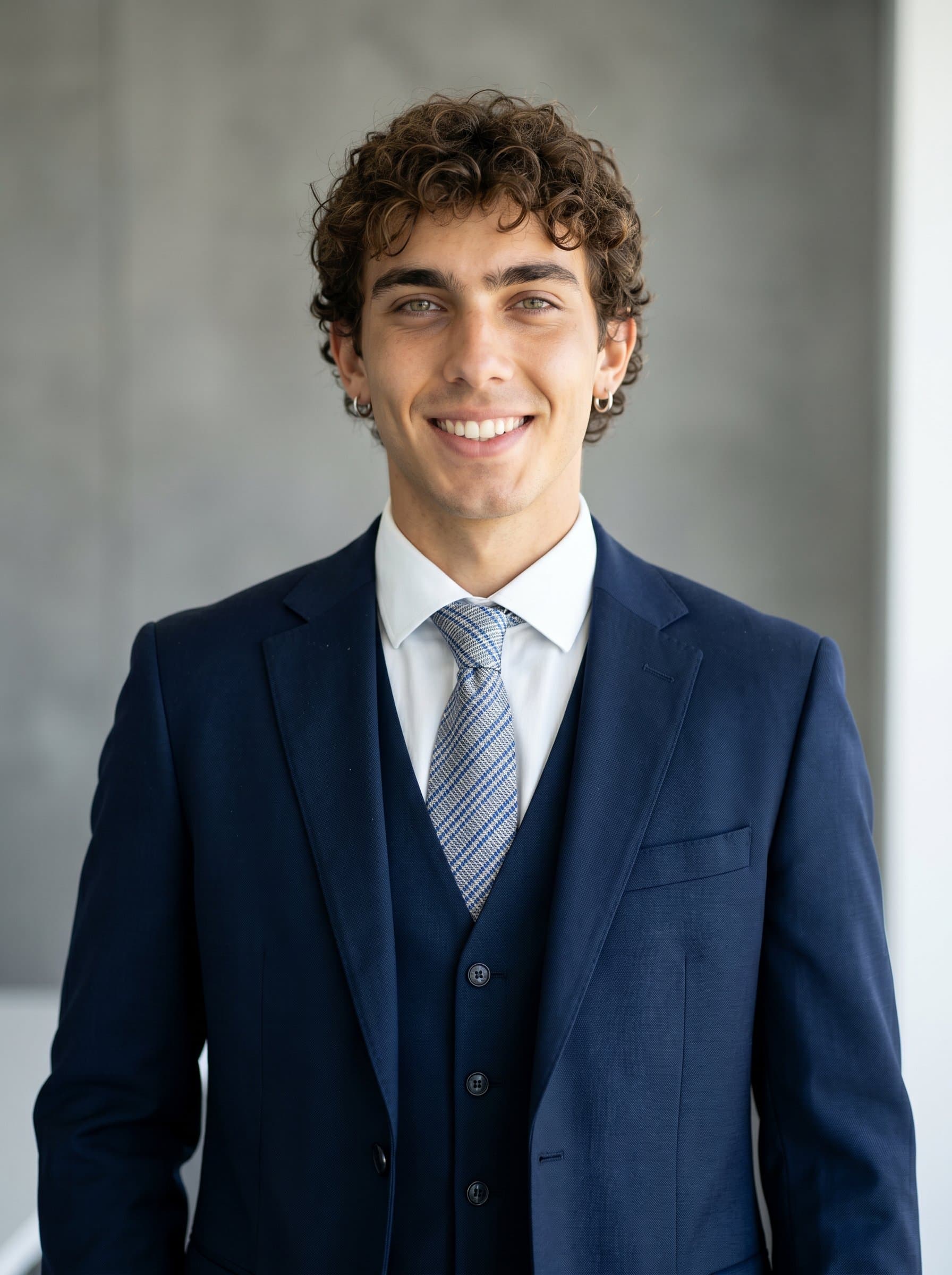 wearing a tailored suit, positioned against a neutral background with vibrant lighting. The ’s focused gaze and slight smile embody a blend of professionalism and approachability, essential for accounting.