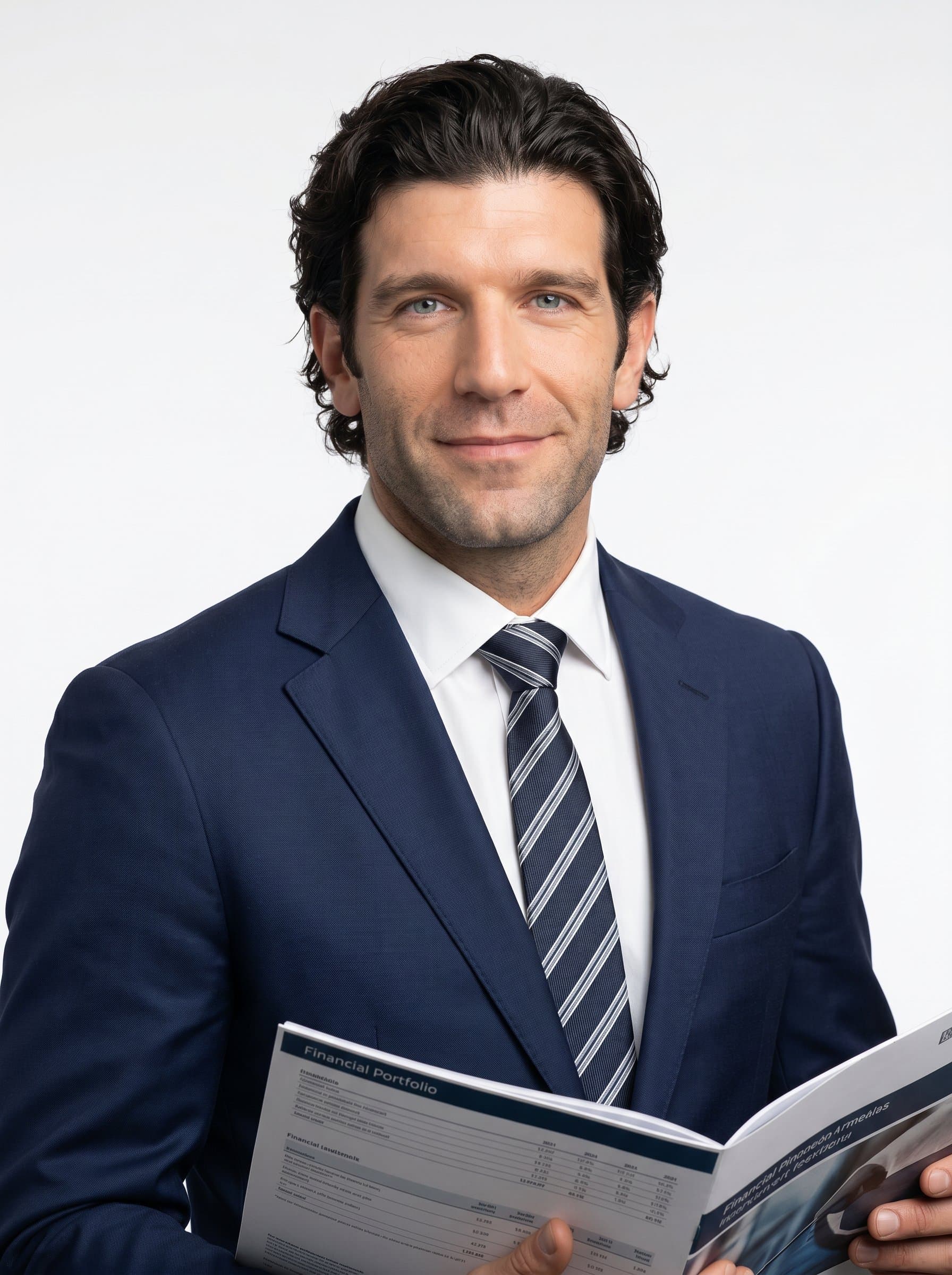 in a professional ensemble, featuring a subtle smile and relaxed posture. Neutral white background, with soft lighting accentuating approachability and expertise in managing financial portfolios.