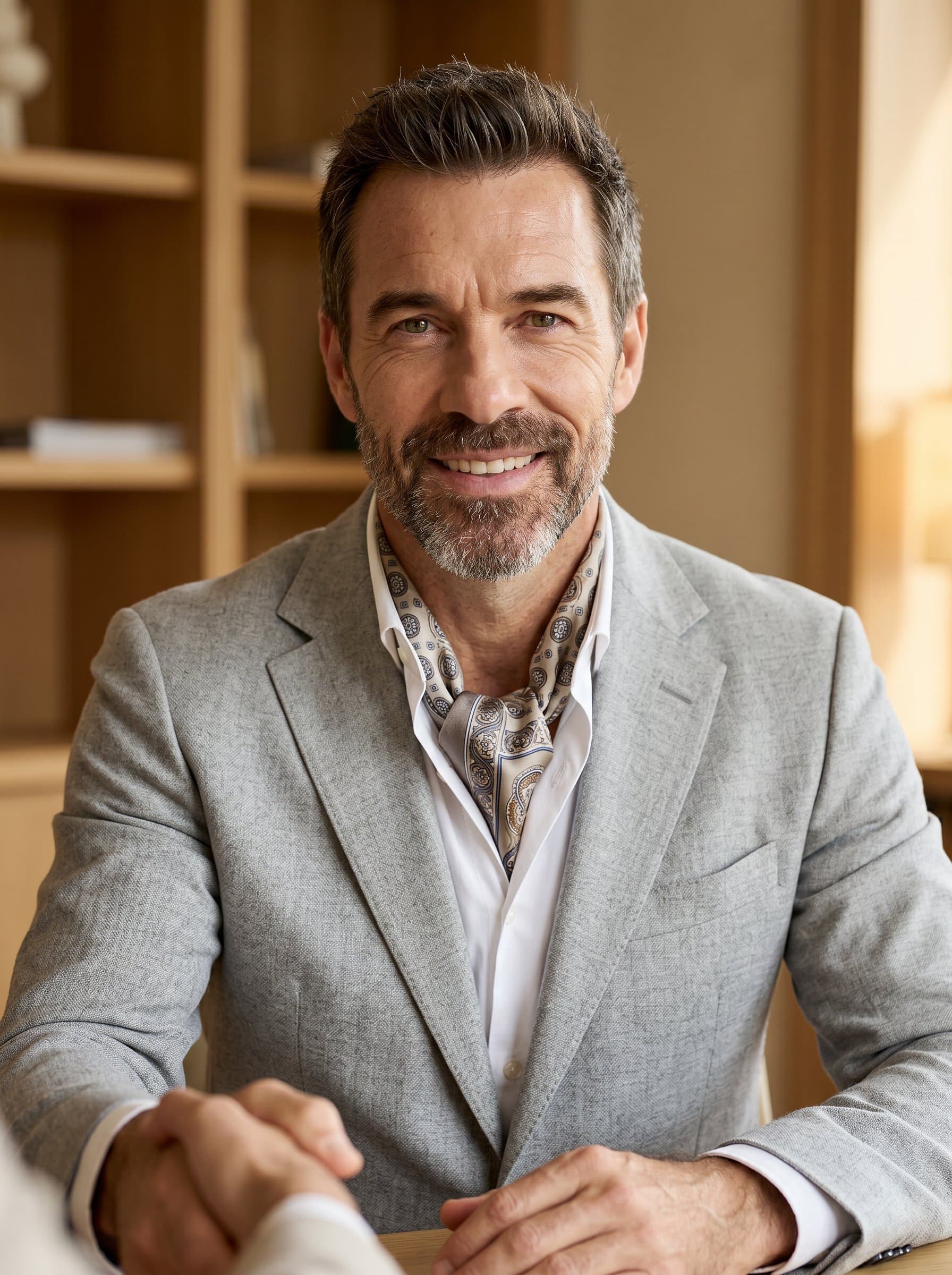 dressed in a light blazer with a patterned scarf, offering a friendly smile. Neutral background with warm lighting, ideal for portraying a balance of professionalism and warmth in accounting services.