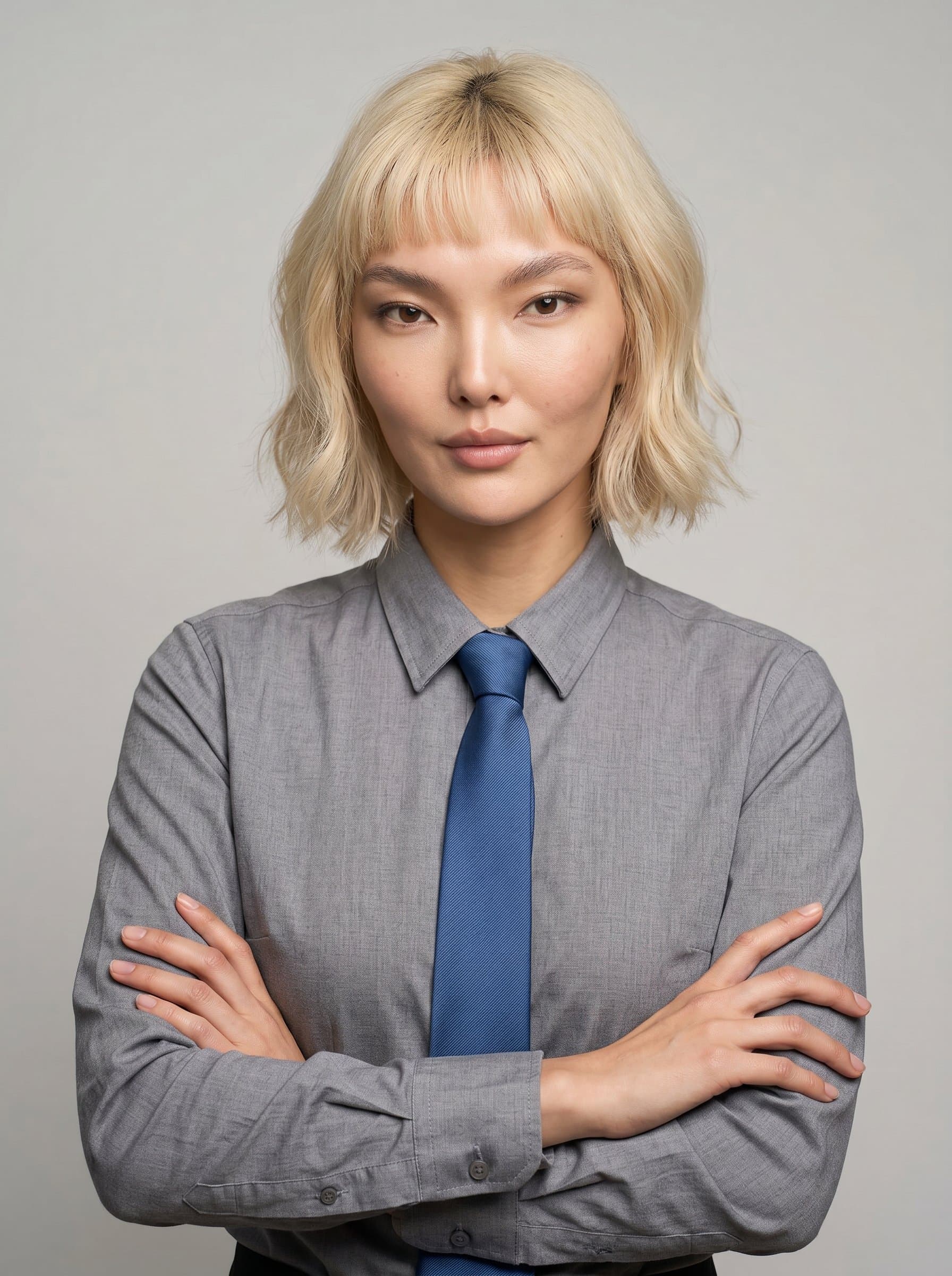 A confident with a simple blue tie and grey shirt, arms crossed. Neutral backdrop, utilizing even lighting to enhance the βs approachable and dependable professional image.
