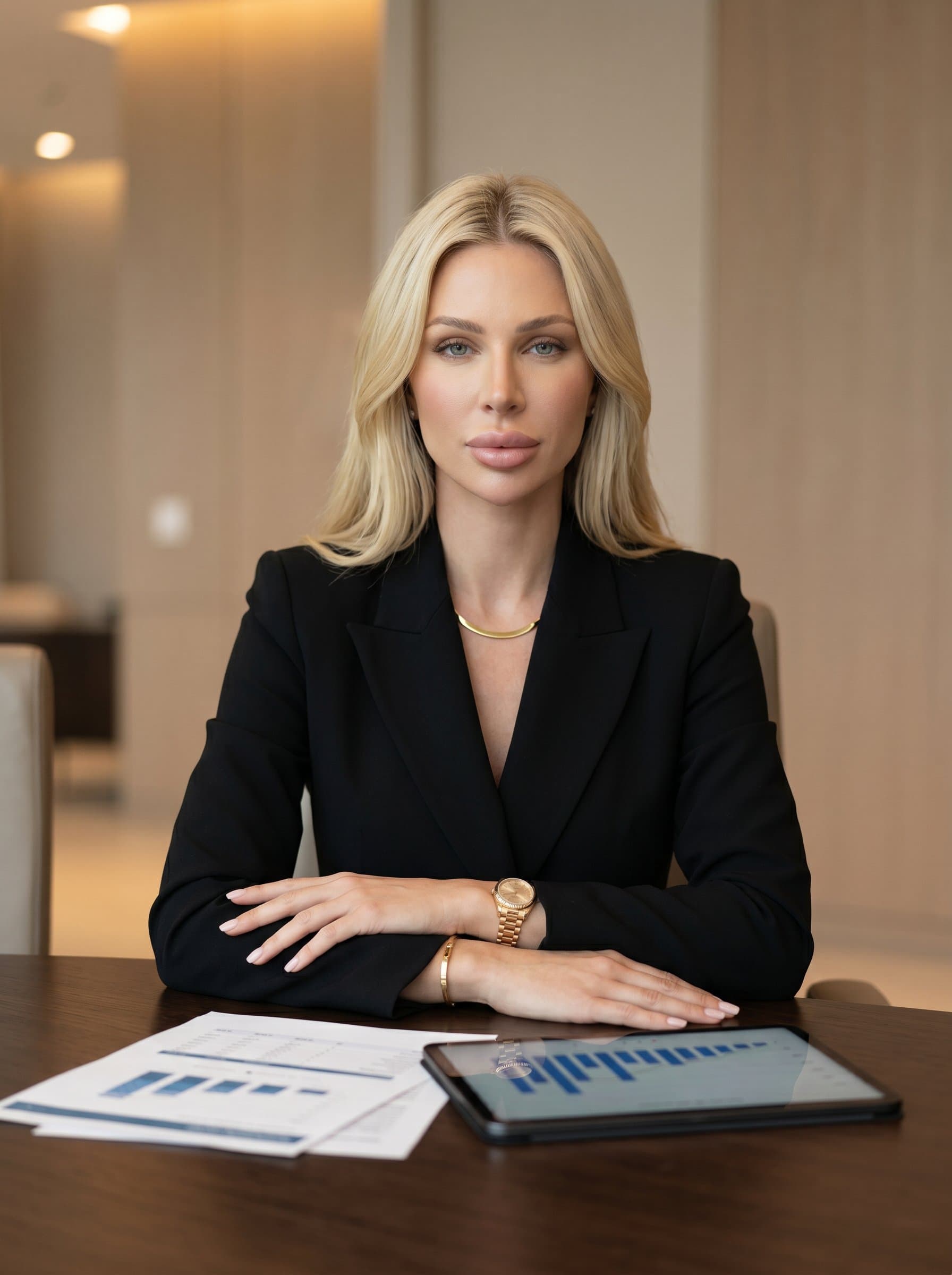 An assured wearing an elegant black blazer, arms rested on a table. Neutral backdrop, with warm lighting highlighting their composed expression, suggesting clarity and decisiveness in fiscal management.