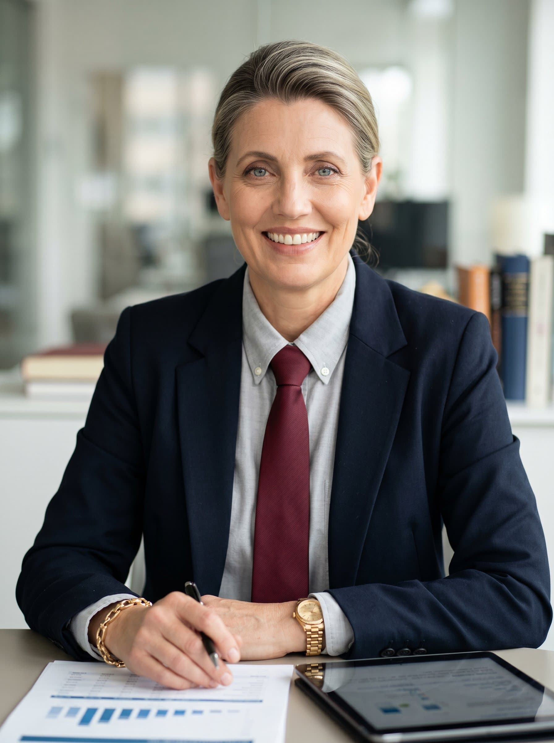 A dynamic dressed in a maroon tie and light grey shirt. Neutral, softly lit background, with an inviting smile, signifying approachability and expert financial counsel.