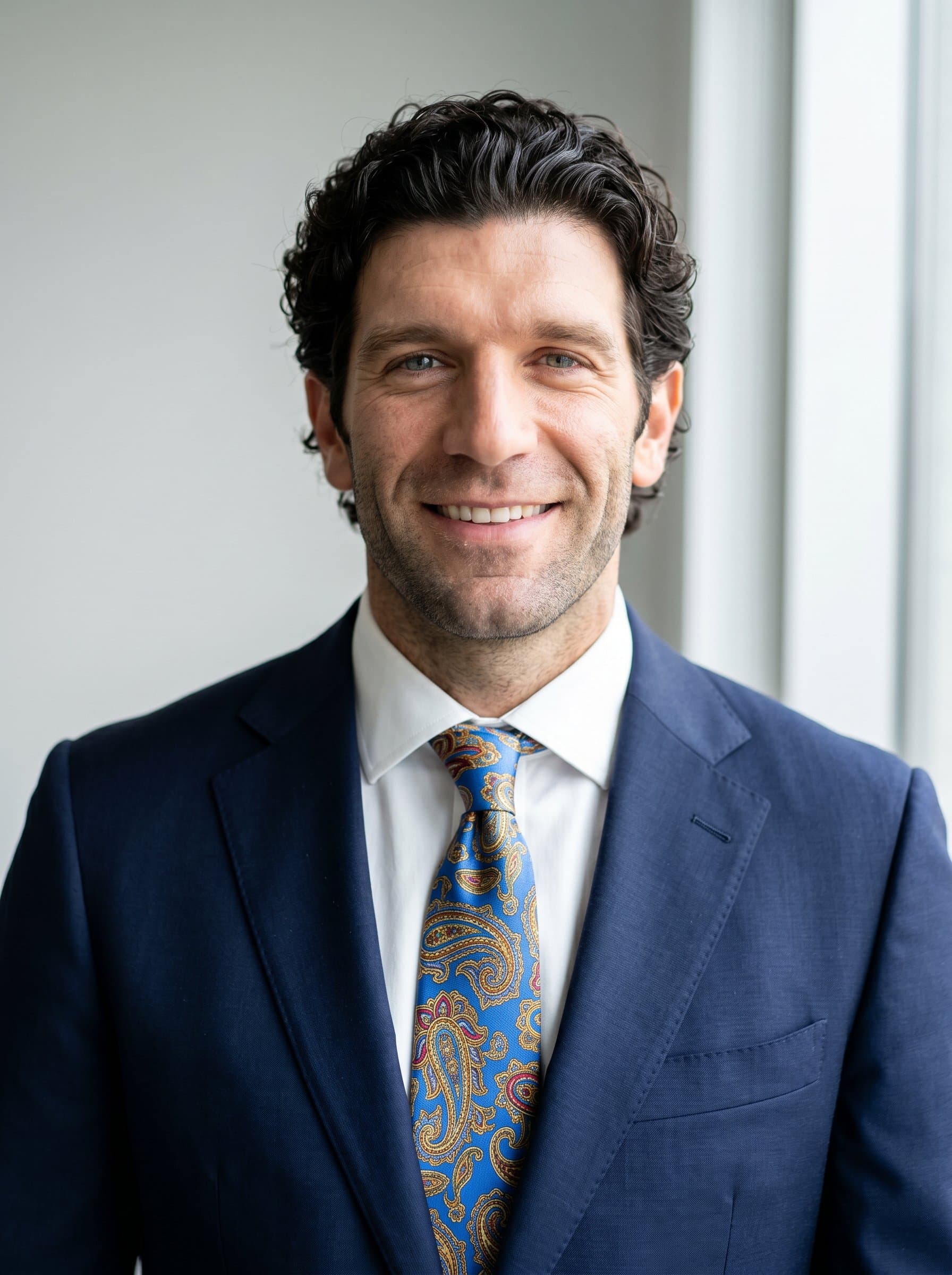 in a bright, patterned tie and navy suit, displaying a personable smile. Neutral backdrop with subtle lighting, conveying both professionalism and an approachable personality, ideal for client-facing roles.