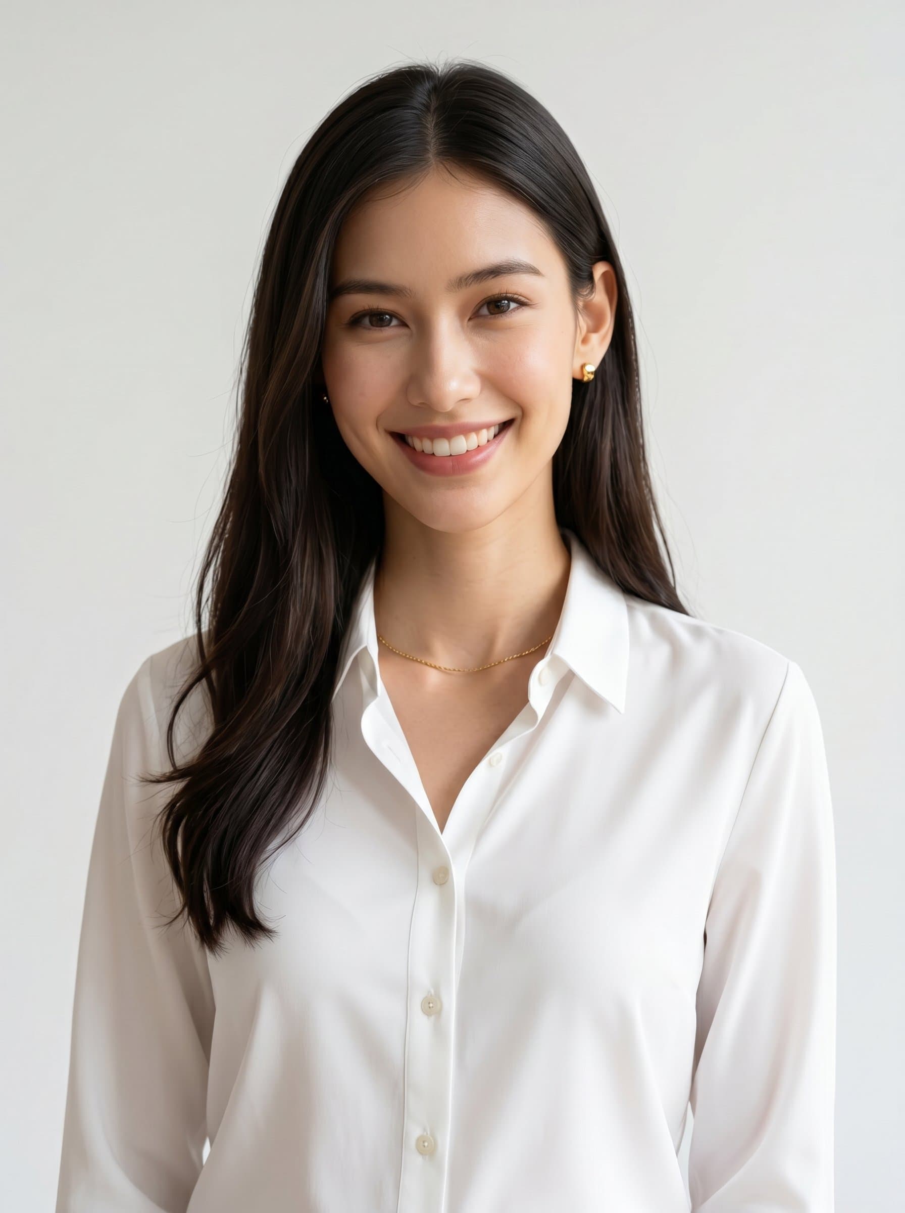 A poised in a formal white blouse, with subtle gold accessories. Neutral white background, with natural lighting illuminating the βs face, projecting an aura of professionalism and reliability.