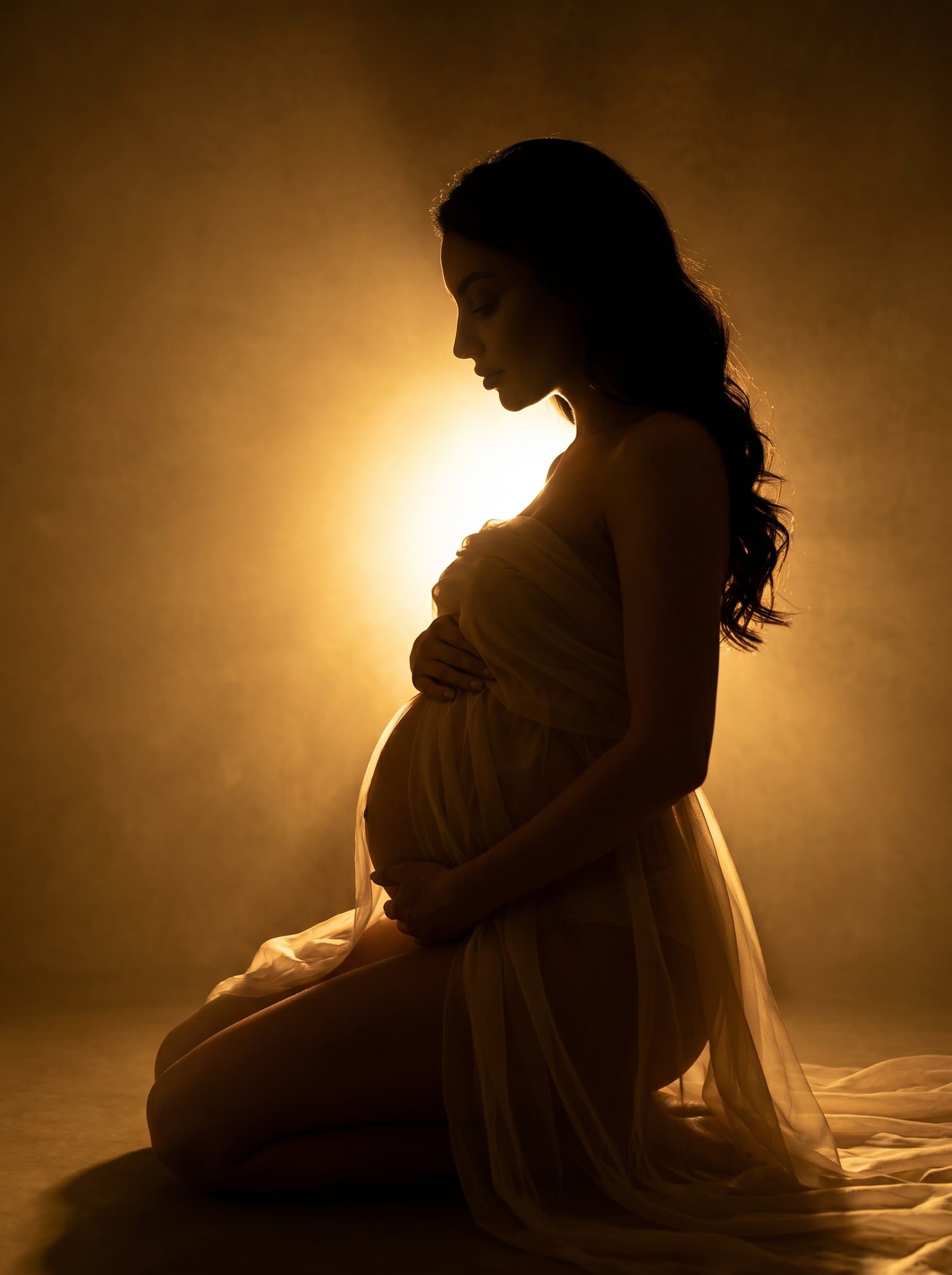 pregnant woman in sheer fabric wrap, backlit golden studio lighting, silhouette showing beautiful baby bump, artistic maternity photography, warm tones