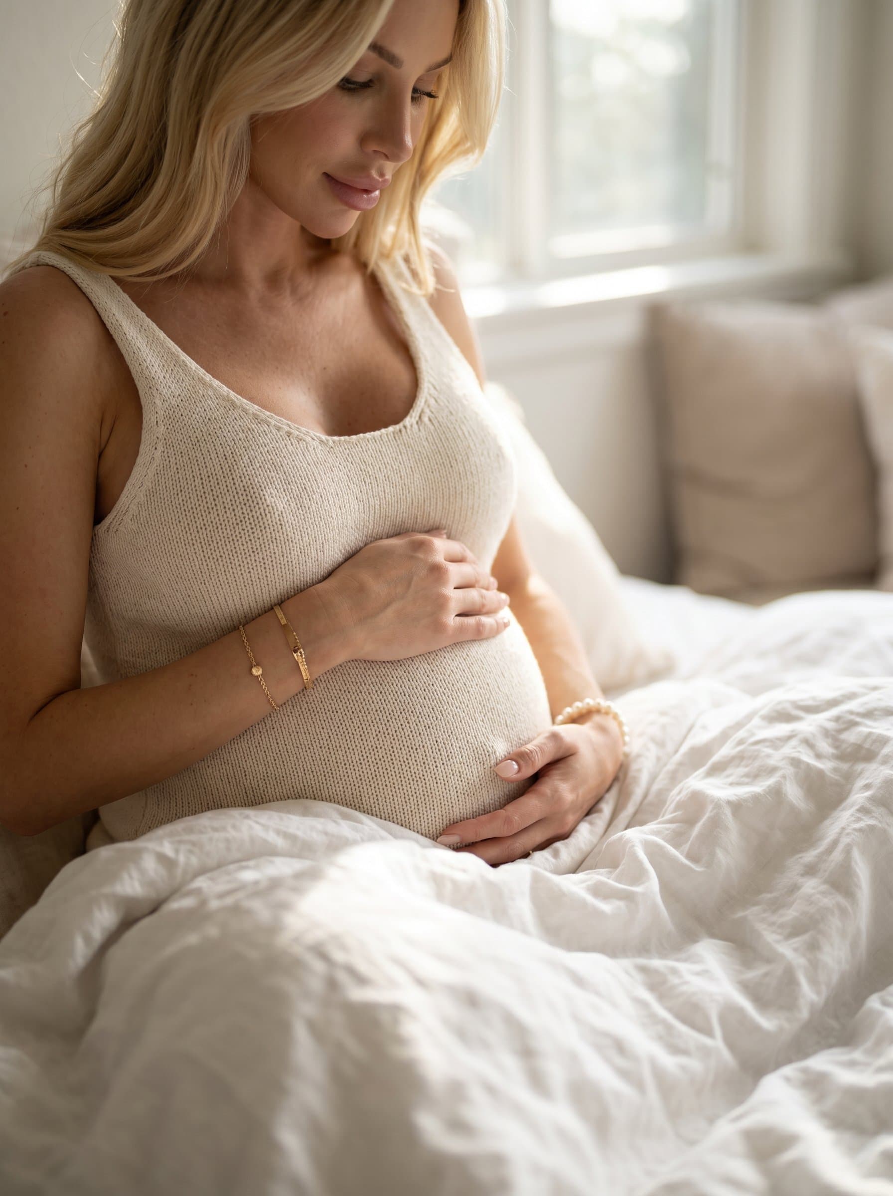 pregnant woman in bed with white sheets, natural light, close-up of hands on belly, intimate and tender maternity photo, soft focus