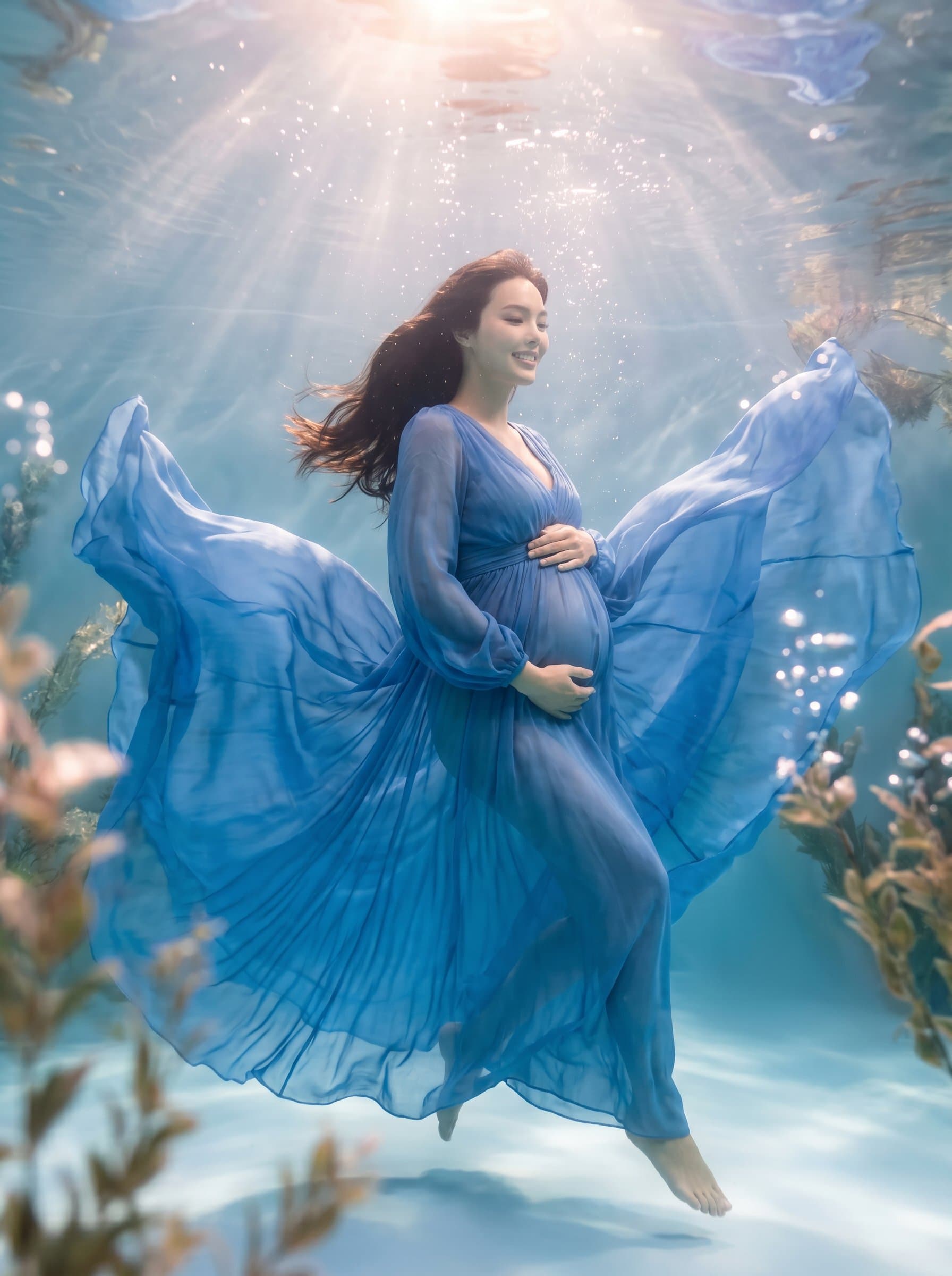 pregnant woman underwater in flowing blue dress, ethereal maternity photography, dreamy aquatic scene, magical and surreal, soft light filtering through water