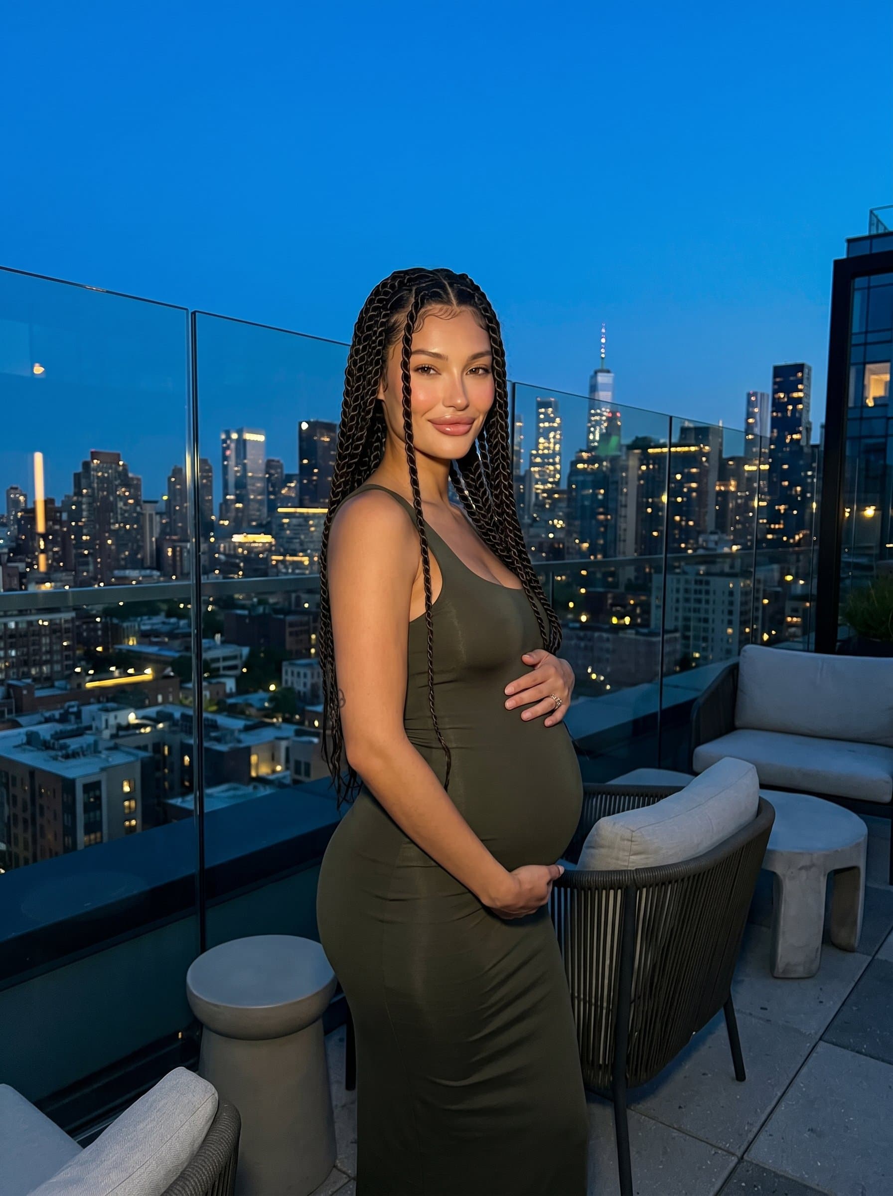Pregnant in sleek bodycon dress, urban rooftop at dusk, city skyline background, modern maternity portrait, chic and stylish