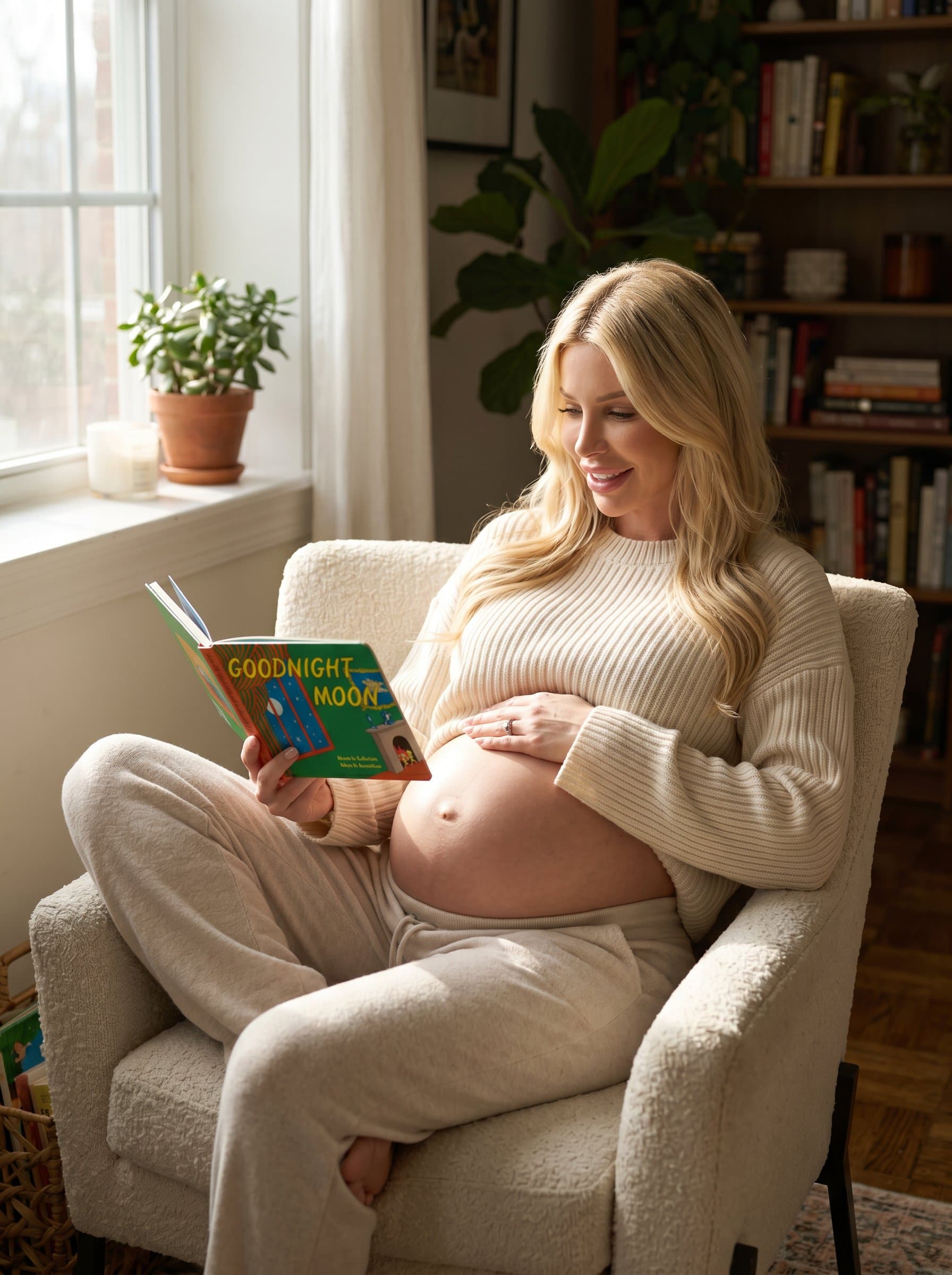 Pregnant sitting by window with soft morning light, wearing comfortable clothes, reading to baby bump, intimate home maternity portrait, cozy atmosphere