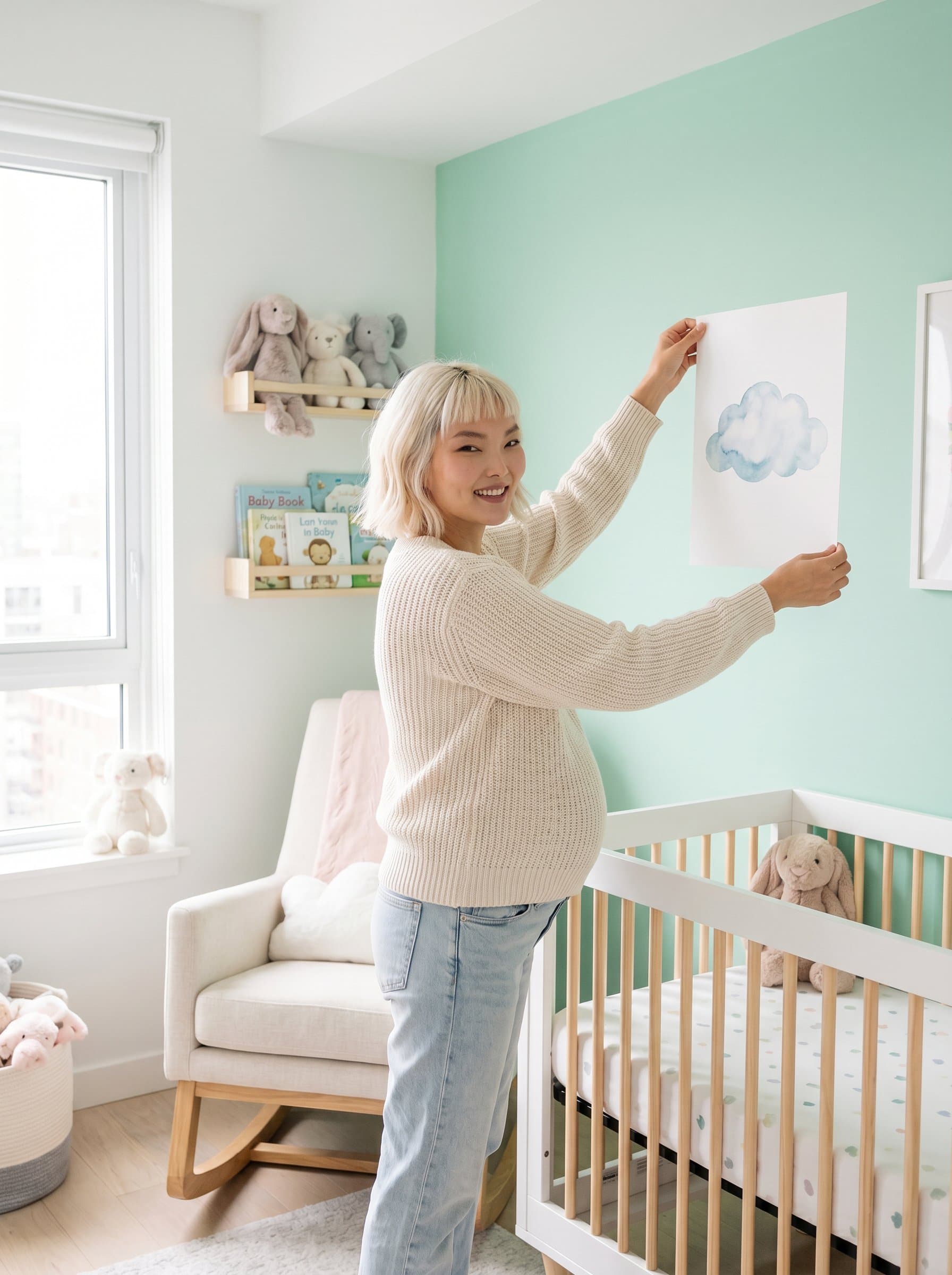 Beautiful pregnant in nursery room, decorating baby room, soft pastel colors, candid lifestyle maternity photo, warm and loving atmosphere