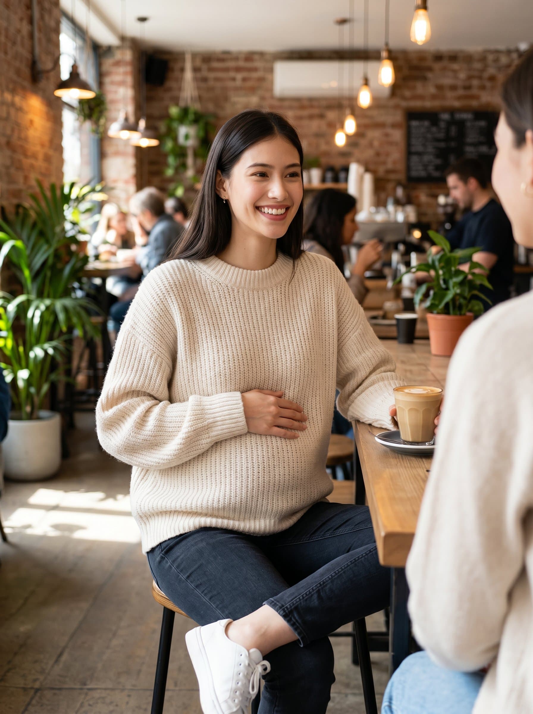 in early pregnancy, subtle baby bump, casual outfit, coffee shop setting, lifestyle maternity photo, natural smile, candid and authentic moment
