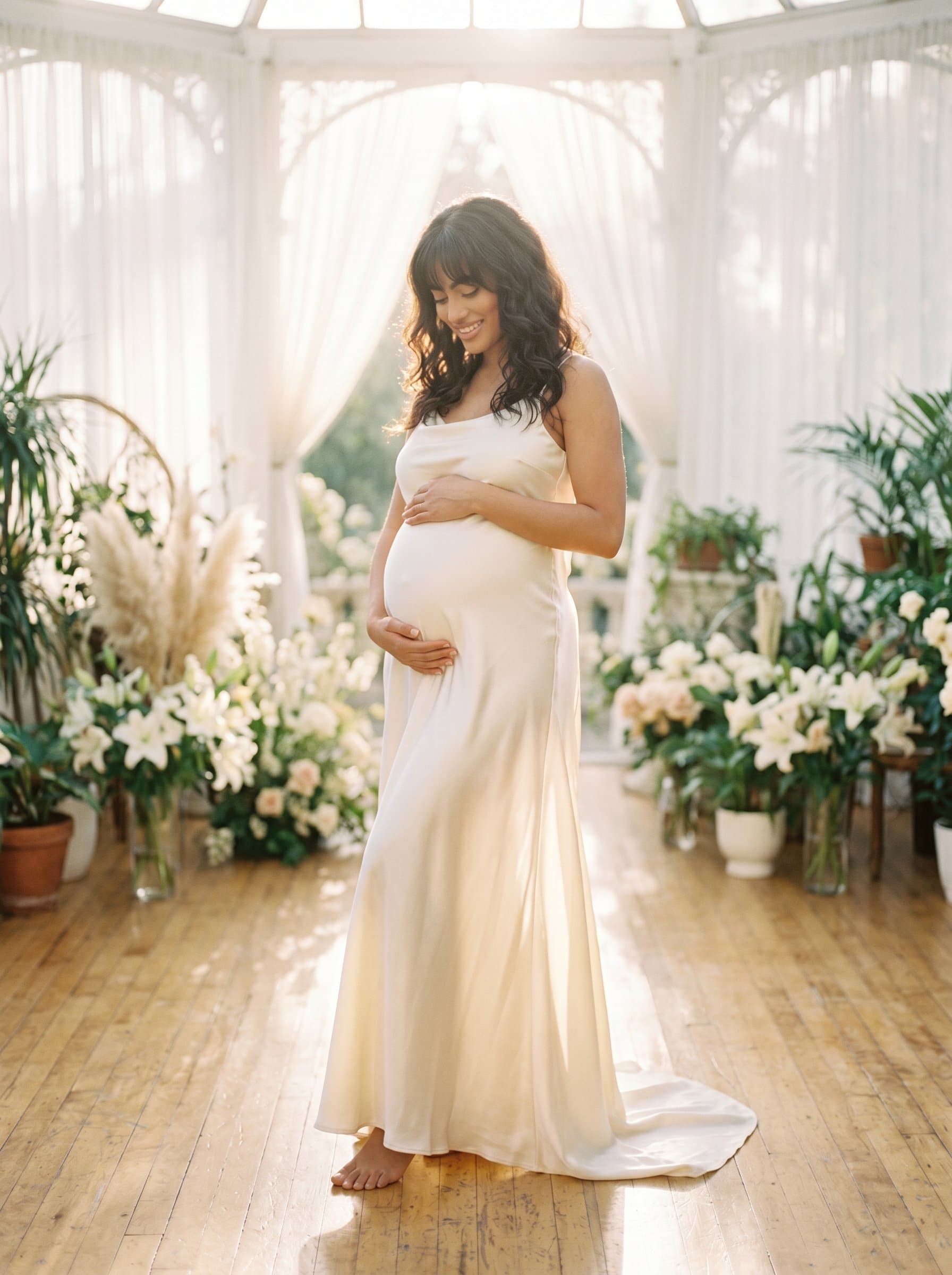 glowing pregnant woman in cream satin gown, soft diffused lighting, full body portrait, looking down at belly with loving smile, dreamy atmosphere