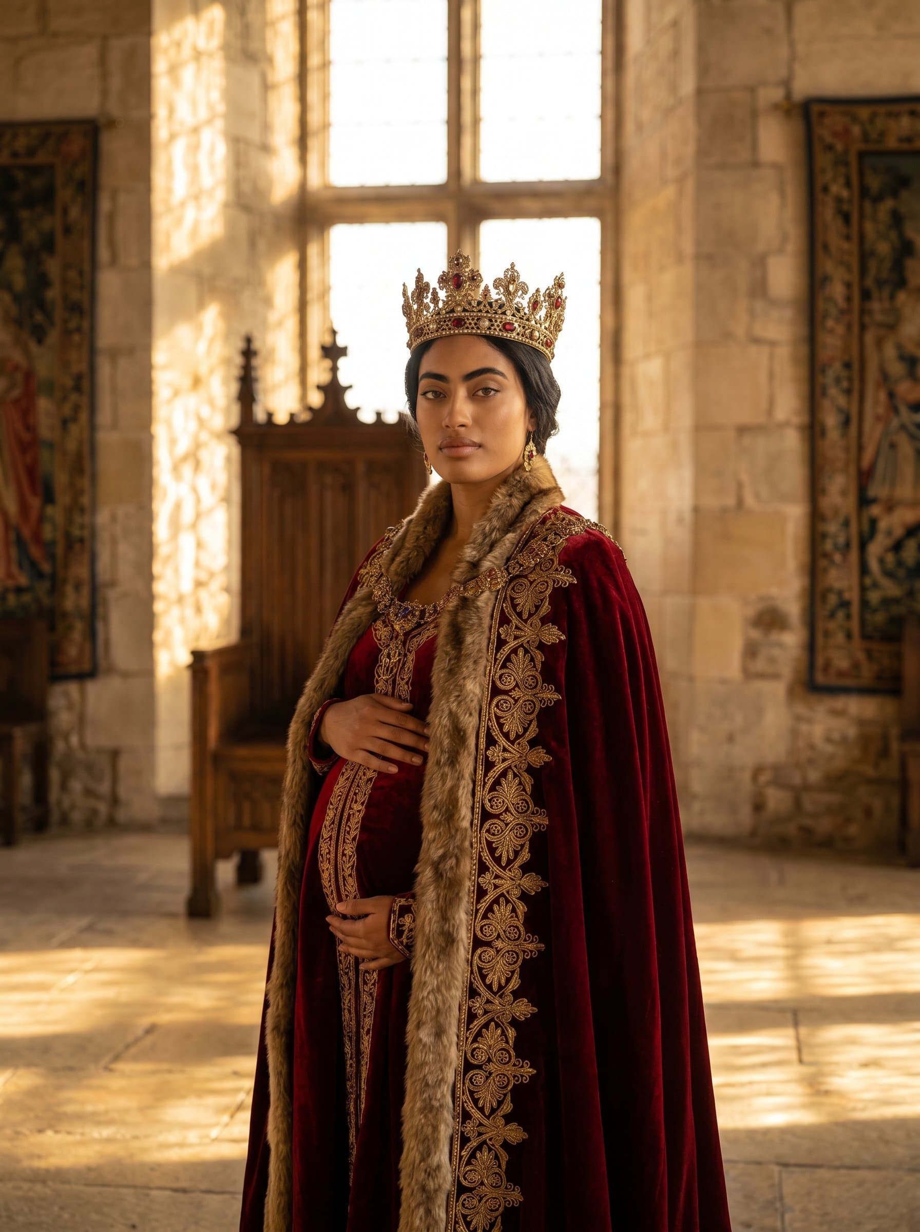 pregnant woman in jeweled crown and elegant cape, fantasy maternity portrait, dramatic golden lighting, regal and majestic, fine art photography