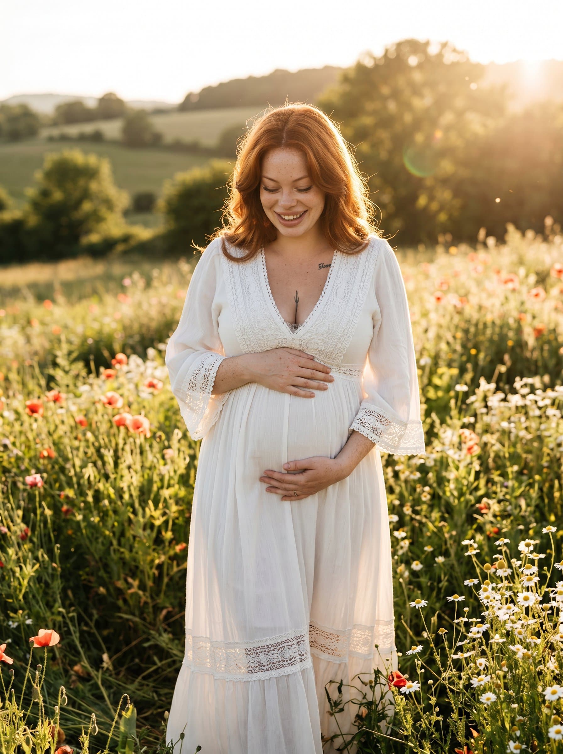 Pregnant walking through a sunlit flower field at golden hour, flowing maxi dress, hands on baby bump, natural warm lighting, lifestyle maternity photo
