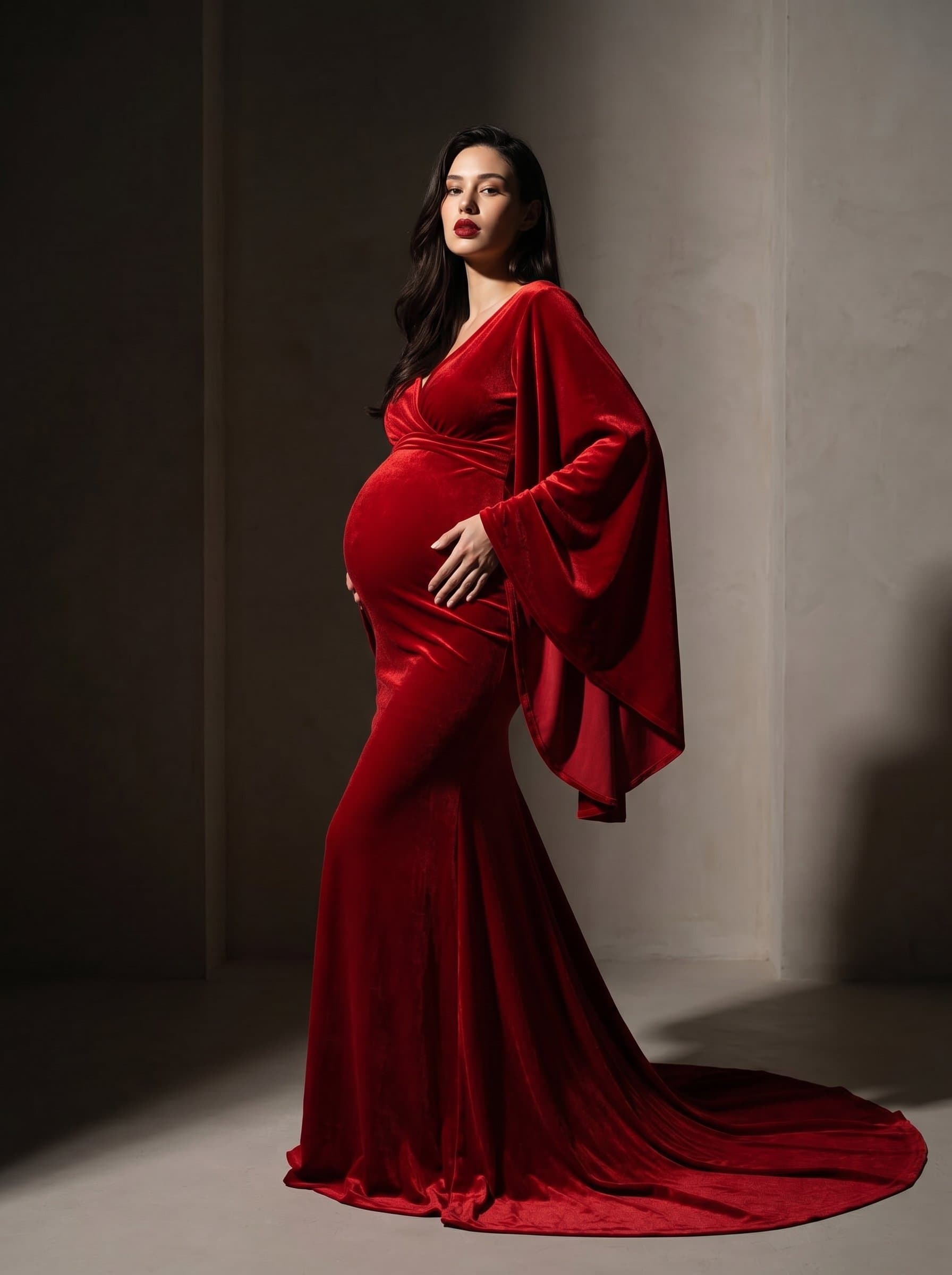 stunning pregnant woman in glamorous red gown, dramatic lighting, confident pose, editorial maternity photography, high fashion, bold and powerful