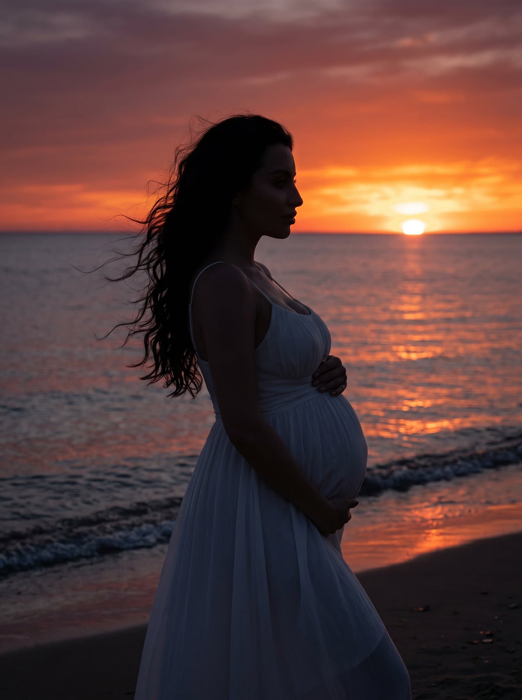 pregnant woman standing by the ocean at sunset, wind in hair, white dress, silhouette against orange sky, serene maternity beach portrait