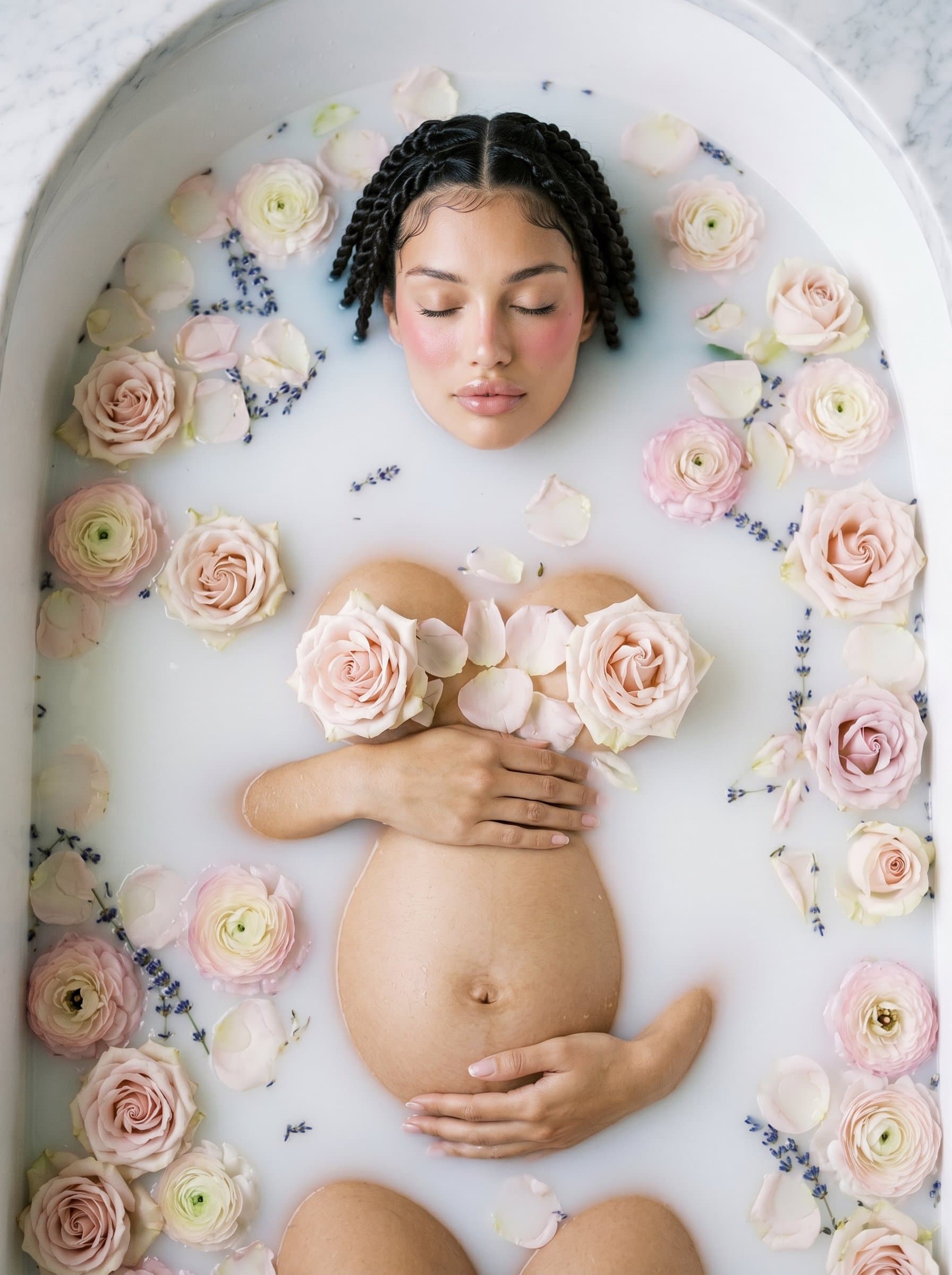 Pregnant in milk bath surrounded by flowers, top-down view, peaceful expression, artistic maternity portrait, soft pastel petals, spa-like serenity