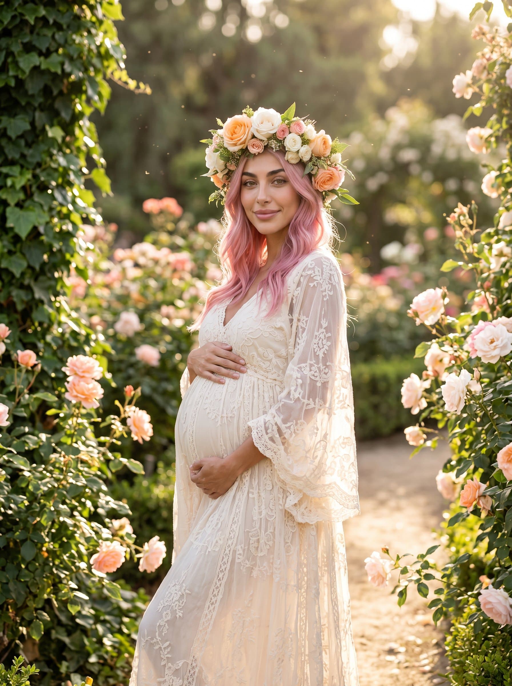 Beautiful pregnant in a garden with blooming roses, soft natural light, floral crown, bohemian maternity photoshoot style, ethereal and romantic