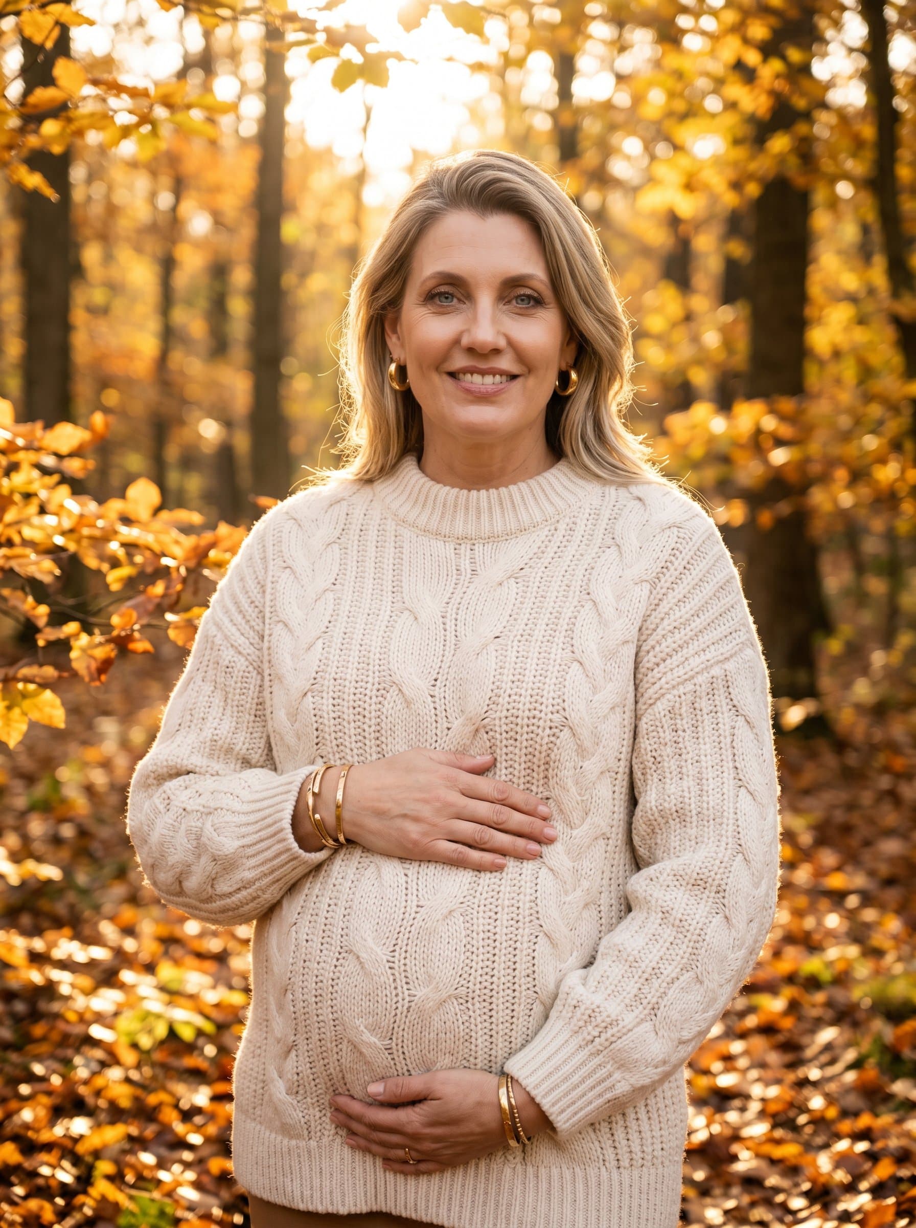 radiant pregnant woman in autumn forest, golden leaves, cozy knit sweater, warm fall colors, natural maternity photography, peaceful setting
