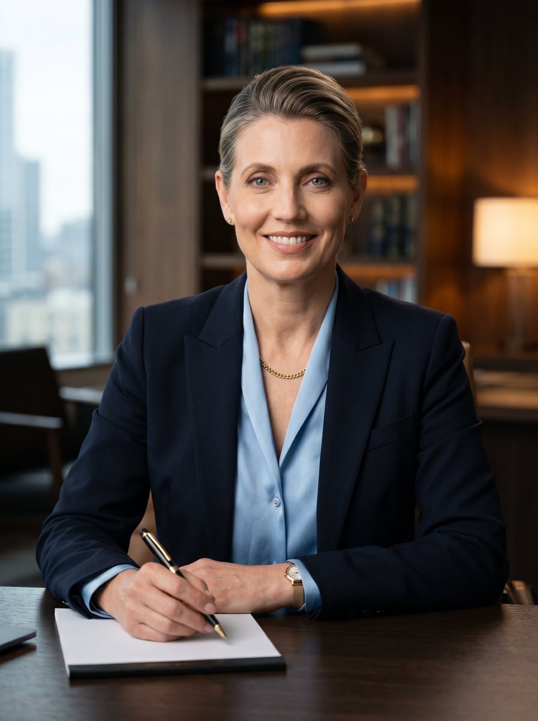 A confident with a sophisticated backdrop, wearing smart business attire, conveying trust and expertise in leadership. The lighting is warm, highlighting the woman's calm demeanor. Suitable for a business consultant's profile.