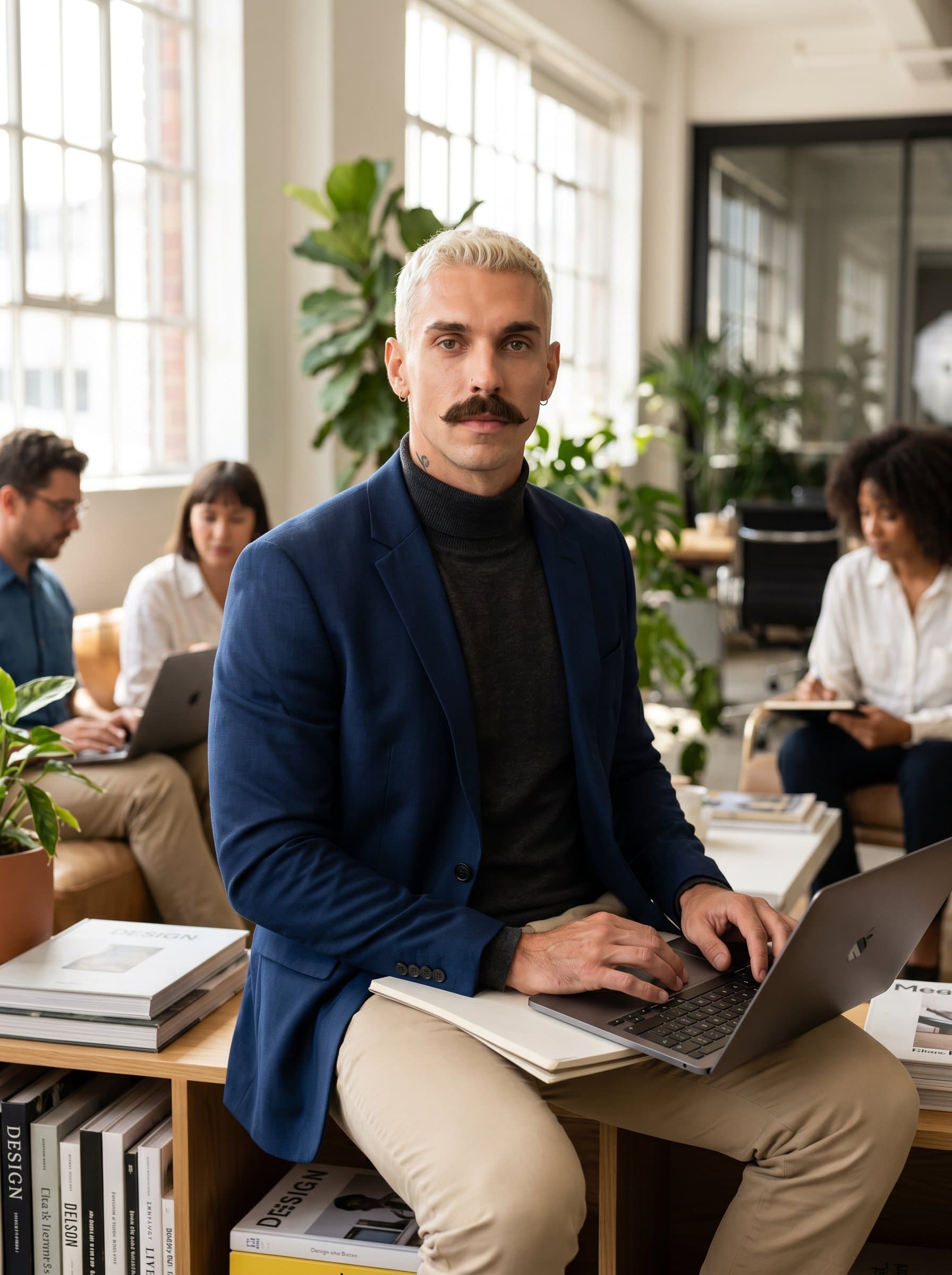 captured in natural light within a stylish co-working space, reflects versatility and creativity. The attire is smart casual, ideal for a consultant in the fashion and lifestyle industry.