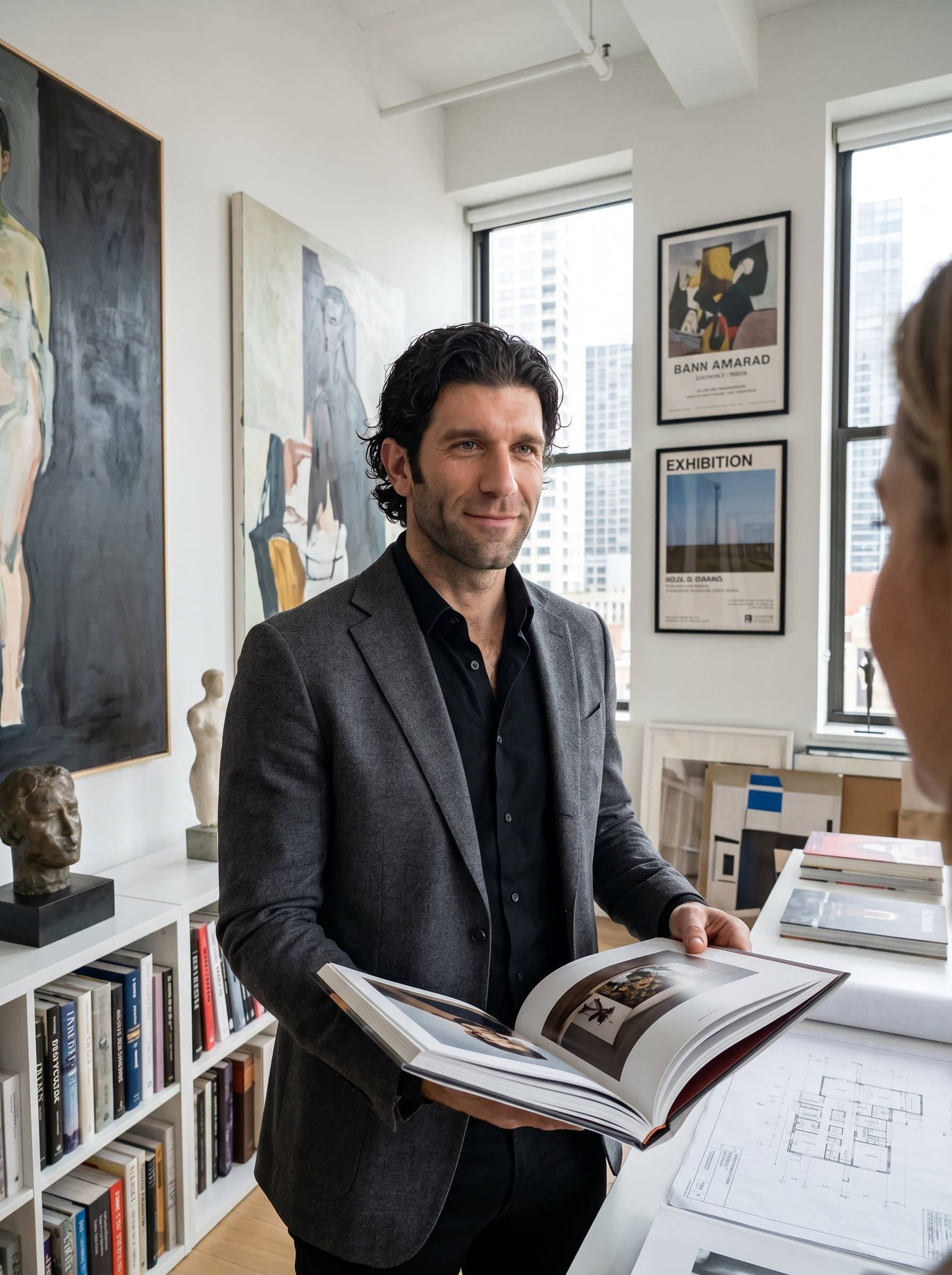 A poised in a sleek, art-filled office environment, expressing a balance of professionalism and creativity. Perfect for a consultant in arts and cultural sectors.