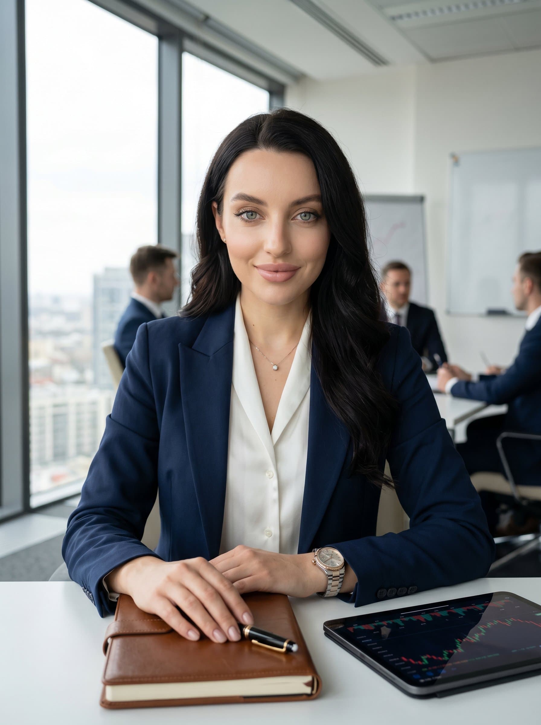 A serene in a well-lit conference room, holding a poised expression that communicates authority and reassurance. Perfectly suited for a consultant in finance, with subtle cues of stability and precision.