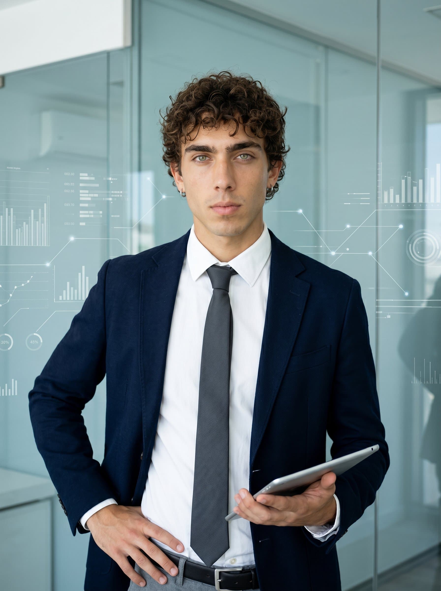 standing in front of a minimalist, elegant background, showcasing confidence with a direct gaze. The light captures their expertise in tech consulting, with digital elements subtly integrated into the scene.