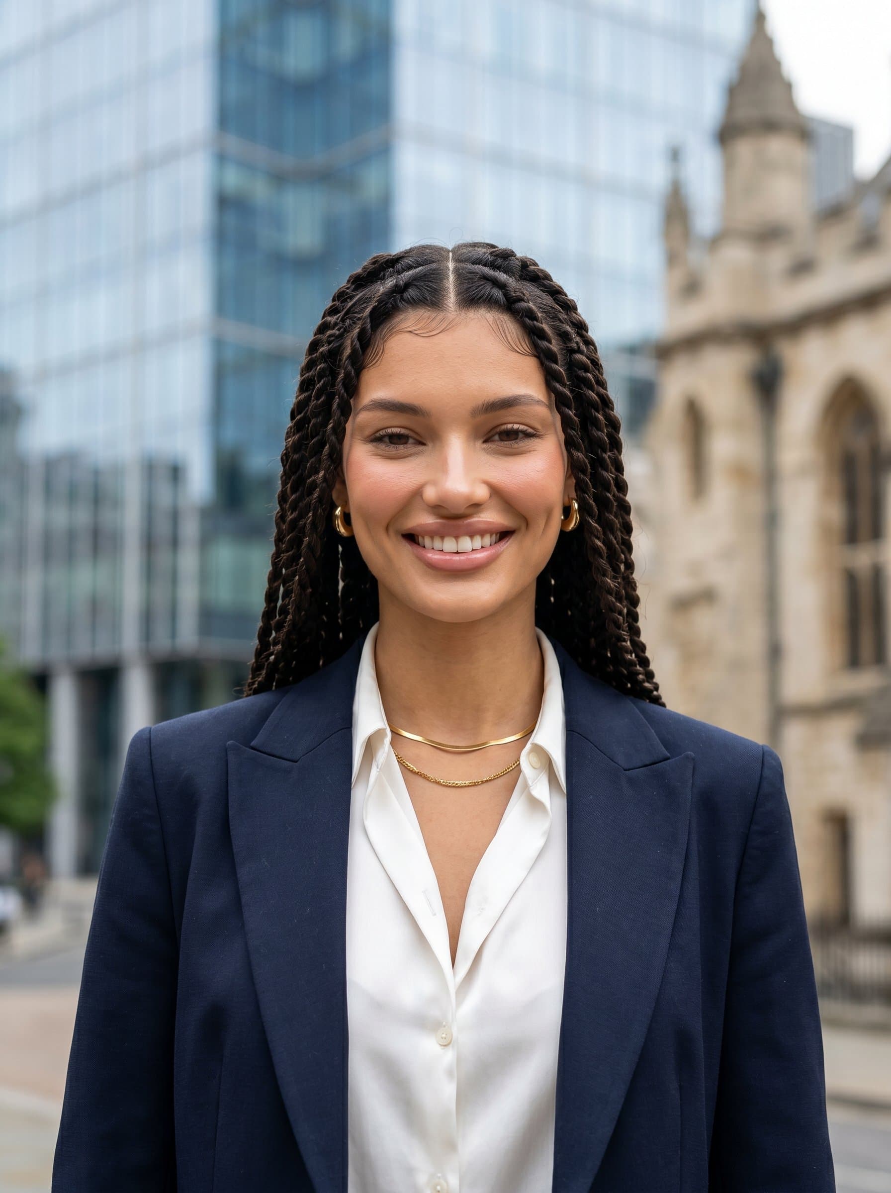 against a backdrop of elegant architecture, with attire that blends classic and modern styles. The headshot conveys sophistication for a consultant in real estate and property development.