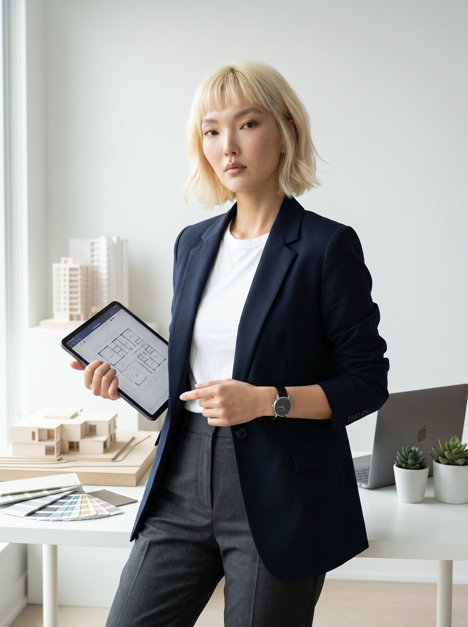 captured in a minimalist, modern studio, with an attire that mixes casual and formal elements. Ideal for a consultant in design or architecture, the image suggests creativity and precision.