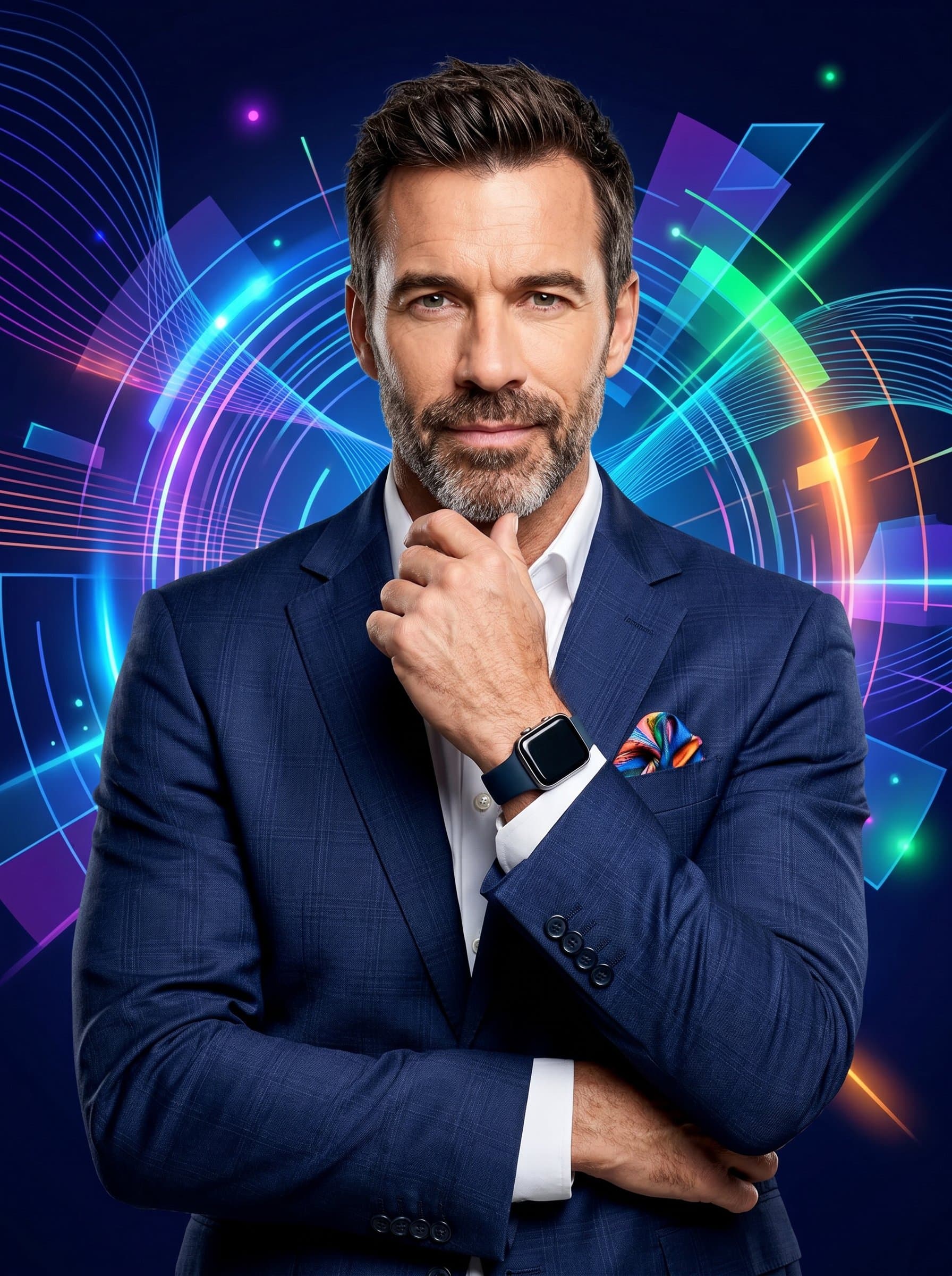 against a vibrant, abstract background, symbolizing creativity and innovation. The attire is formal yet stylish, ideal for a marketing consultant aiming to convey energy and forward-thinking strategies.